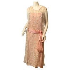Antique 1920's Embroidered Tulle and Filet Lace Dress with Original Pink Sash and Slip