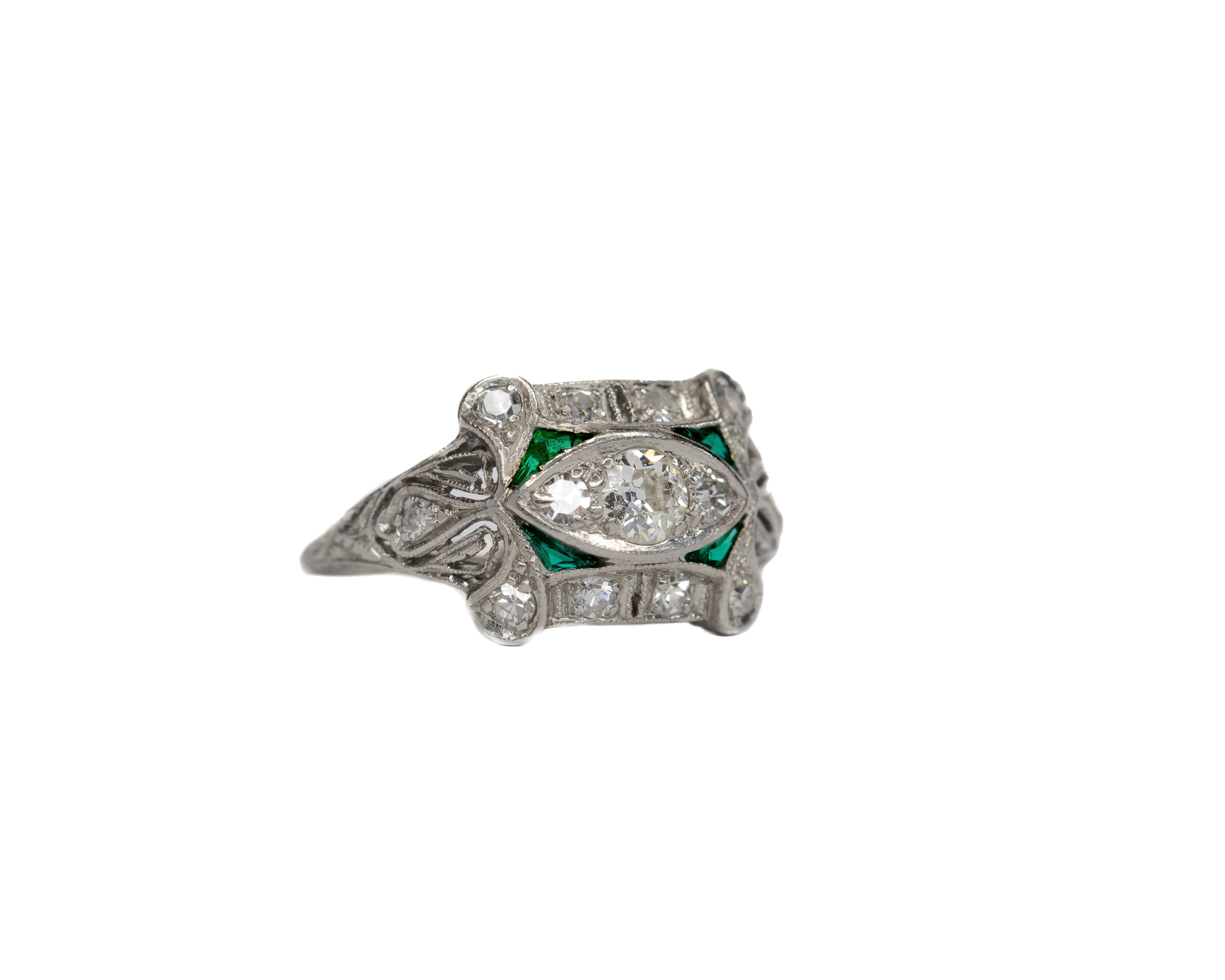 Item Details:
Metal Type: Platinum
Weight: 4.2 grams
Size: 5 (can be sized up or down 2 sizes)

Diamond Details:
Color: GH
Clarity: SI2
Carat: .4 Carat
Cut: Old European

Emerald Details: Custom Cut accent emeralds, 4 count,

The design on this ring