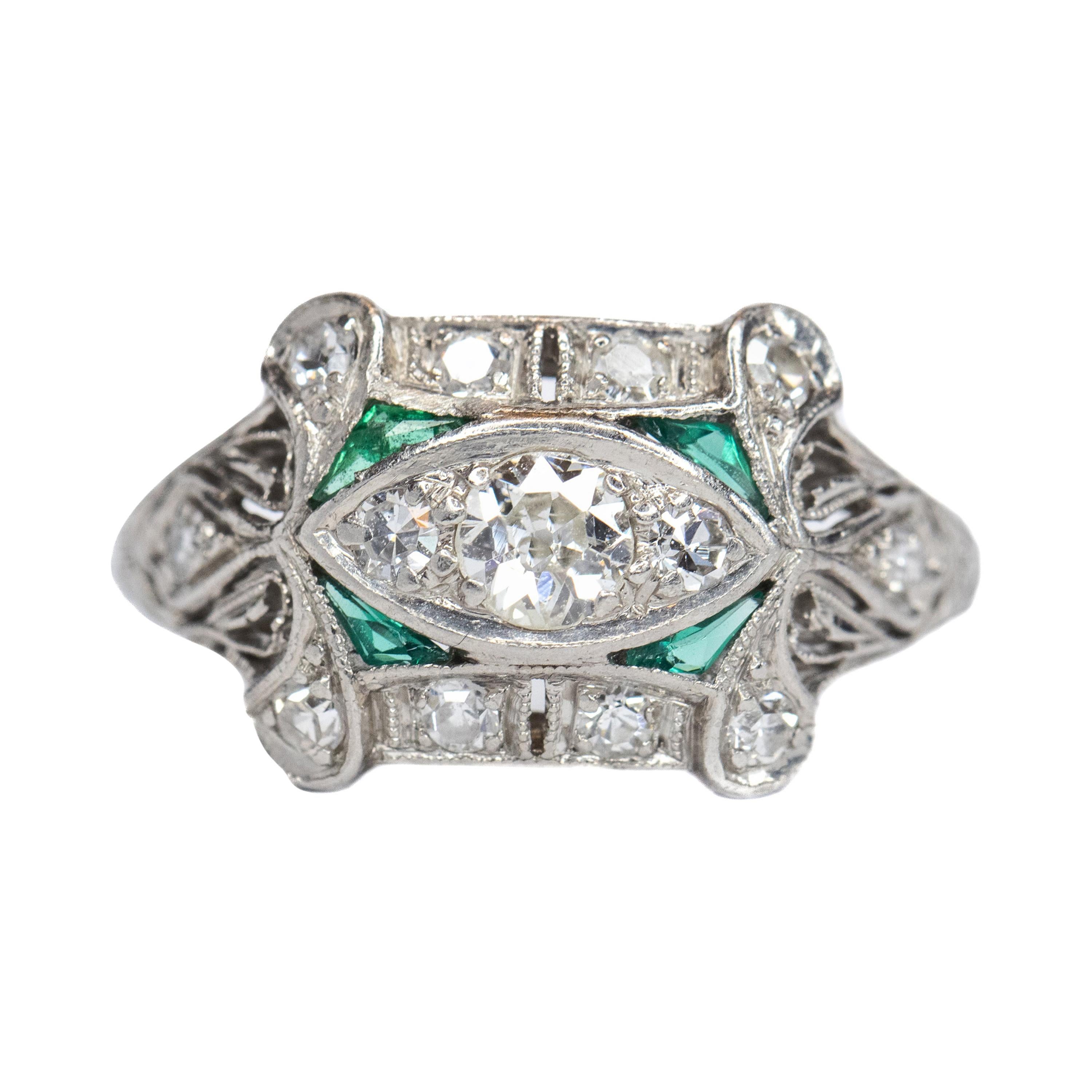 1920S Emerald and 0.4 Carat Old European Diamond Engagement Ring, Platinum For Sale
