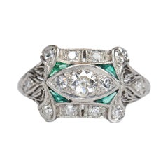 Vintage 1920S Emerald and 0.4 Carat Old European Diamond Engagement Ring, Platinum