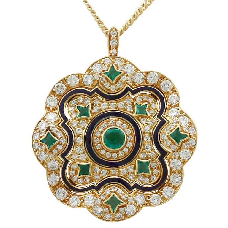 1920s Emerald and Diamond, Enamel Yellow Gold Pendant at 1stDibs