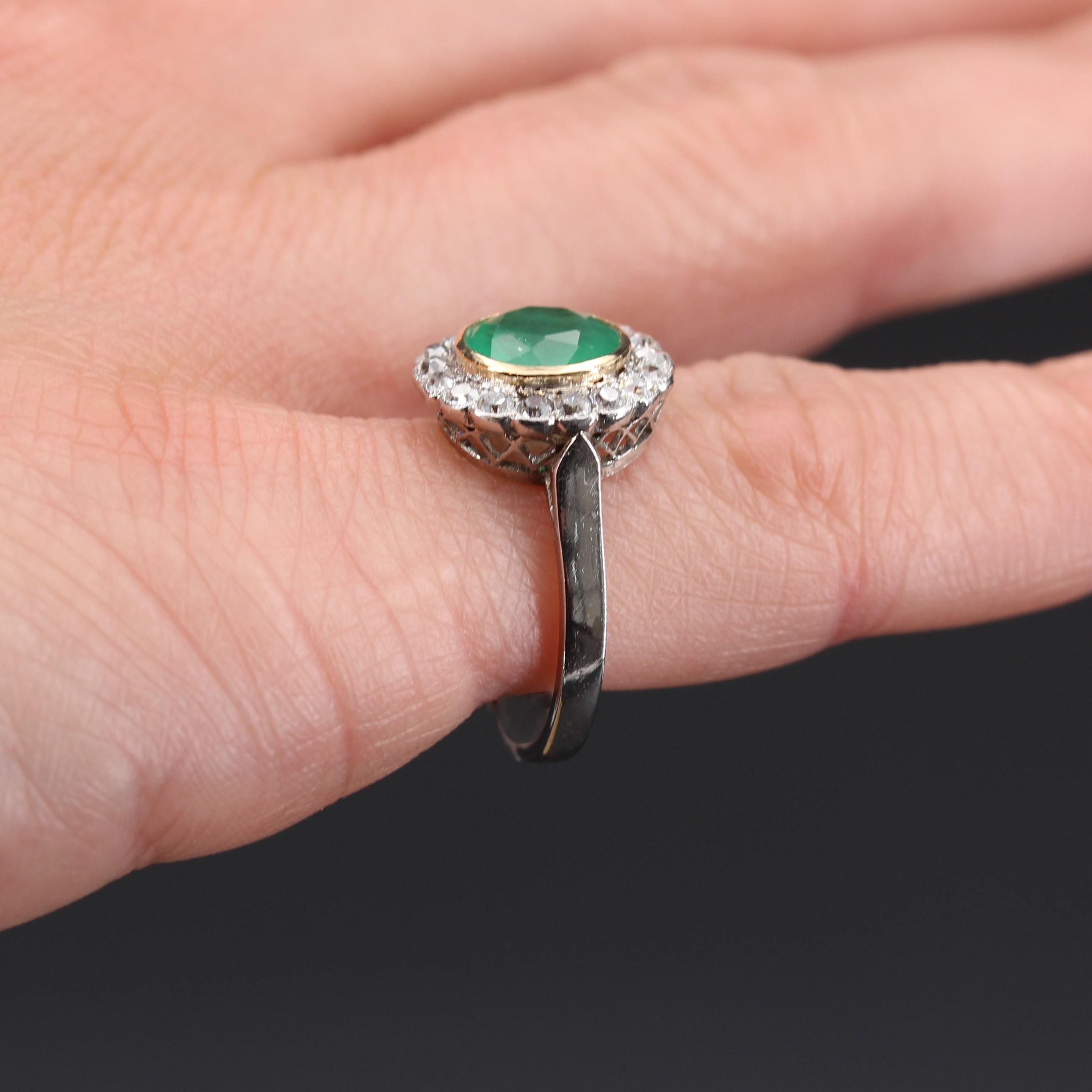 1920s Emerald Diamonds Platinum 18 Karat Yellow Gold Round Ring For Sale 5