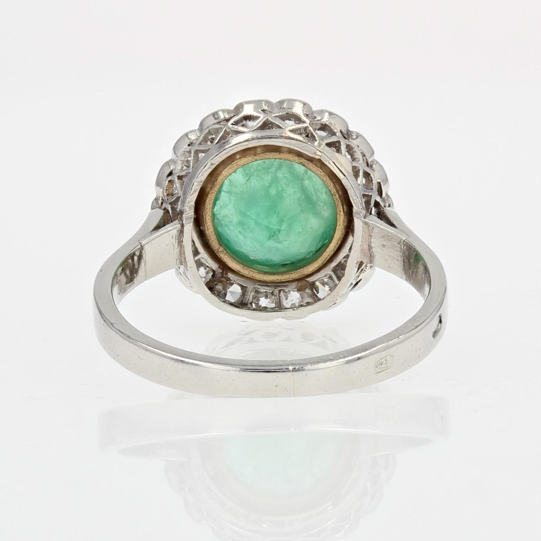 1920s Emerald Diamonds Platinum 18 Karat Yellow Gold Round Ring For Sale 7