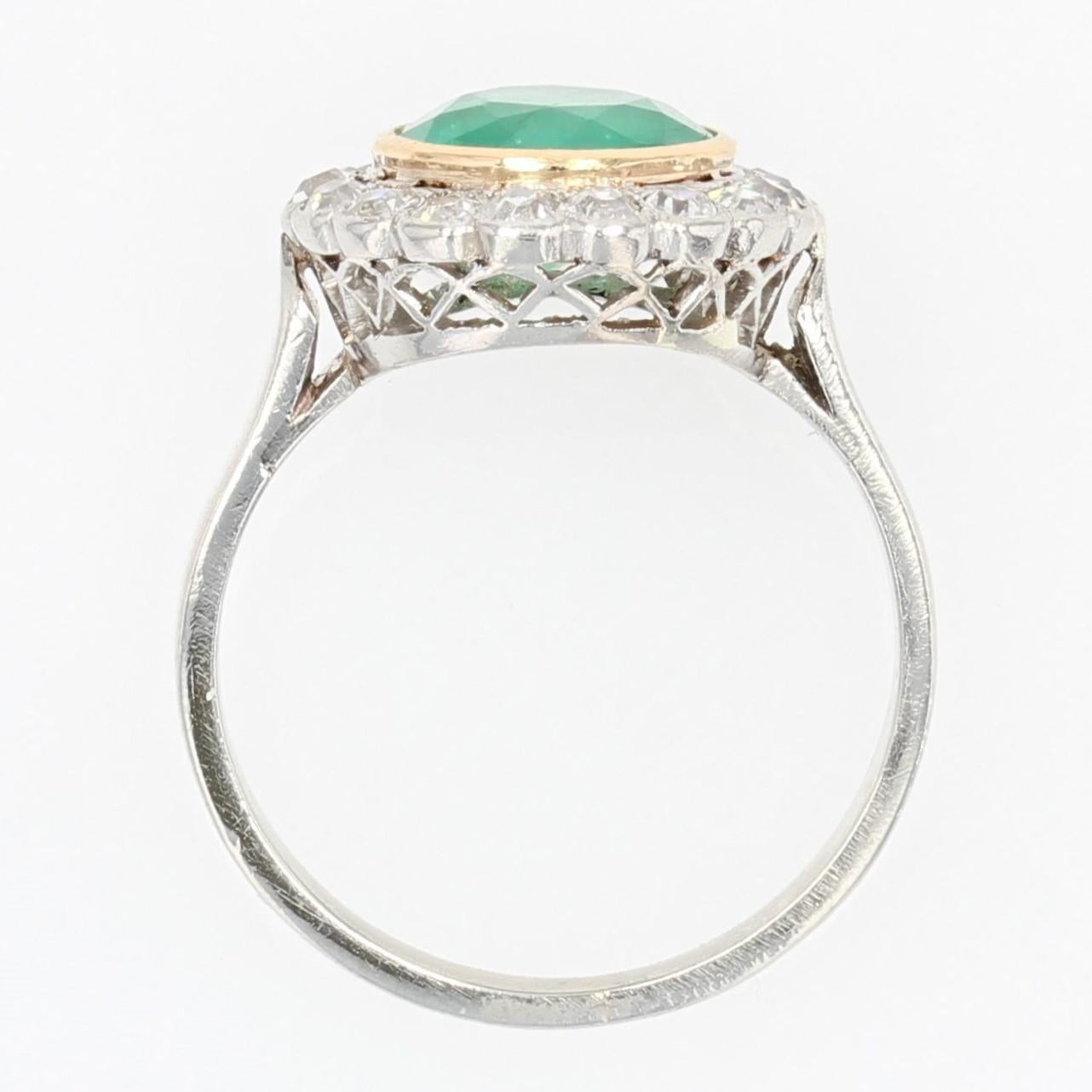 1920s Emerald Diamonds Platinum 18 Karat Yellow Gold Round Ring For Sale 9