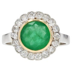 Antique 1920s Emerald Diamonds Platinum 18 Karat Yellow Gold Round Ring