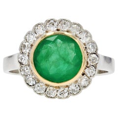 Antique 1920s Emerald Diamonds Platinum 18 Karat Yellow Gold Round Ring