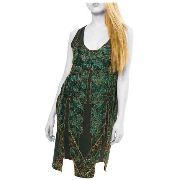 1920S Emerald Green Silk Chiffon Rose Embroidered and Gold Beaded ...