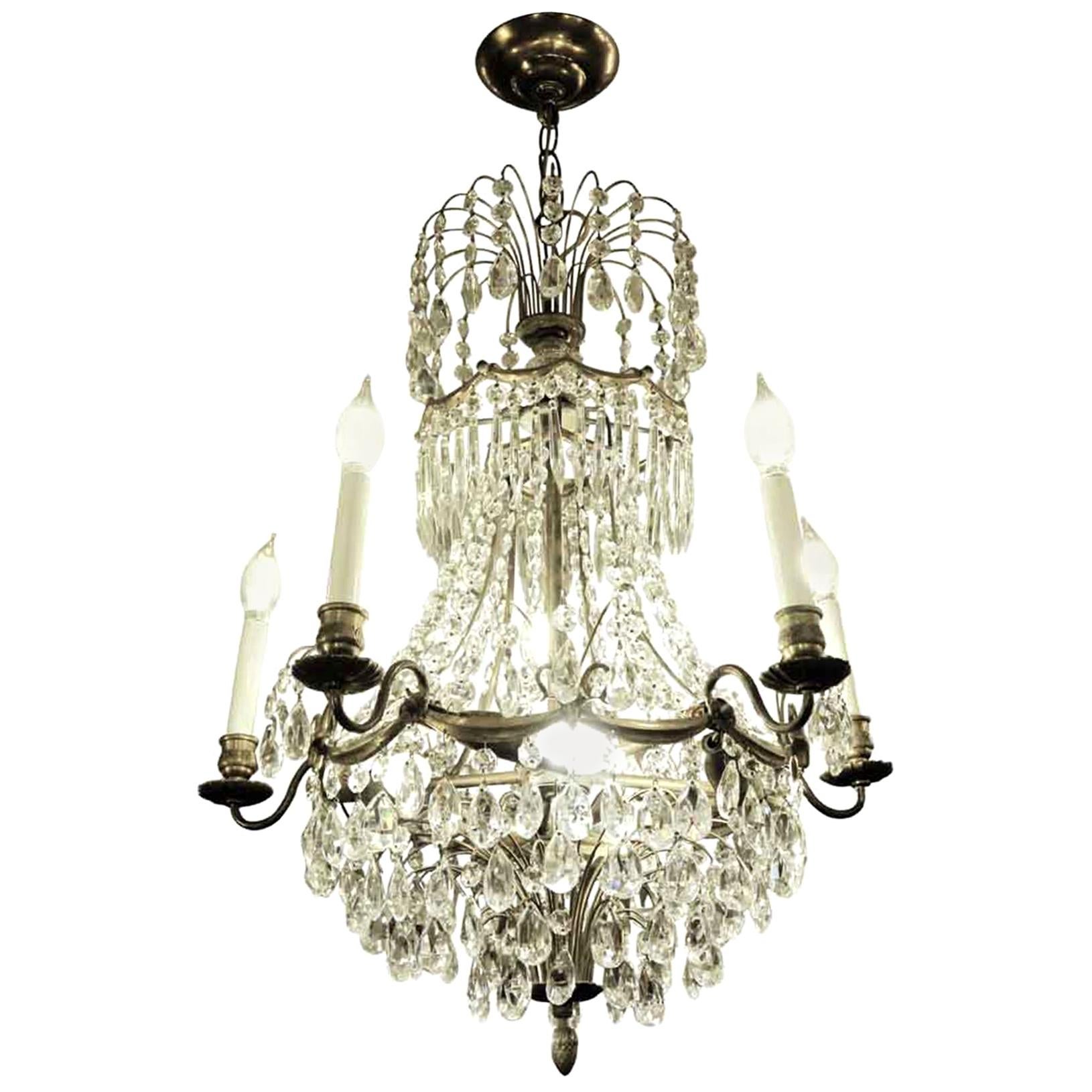 1920s Empire Style 10-Light Crystal and Brass Basket Chandelier