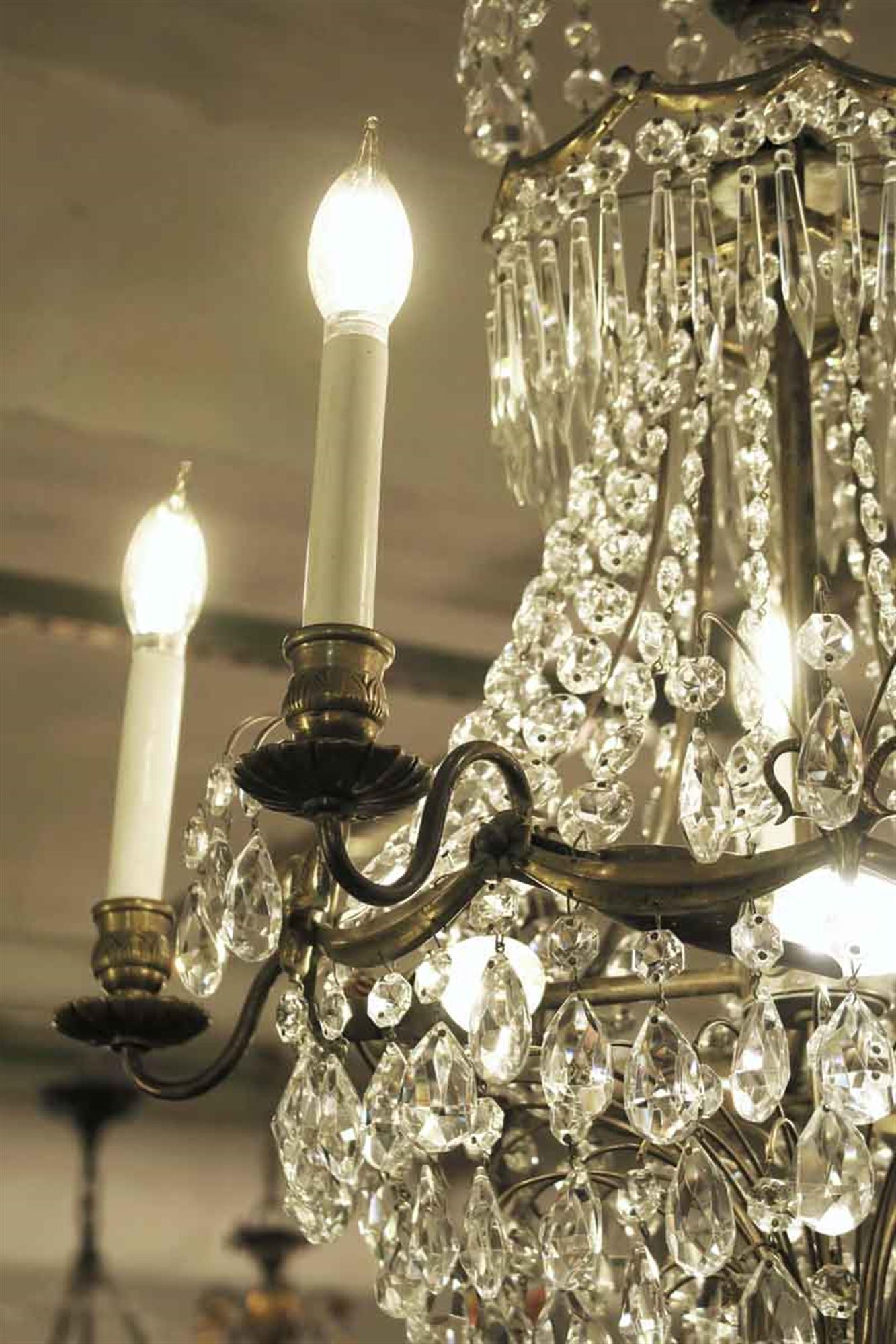 American 1920s Empire Style 10-Light Crystal and Brass Basket Chandelier