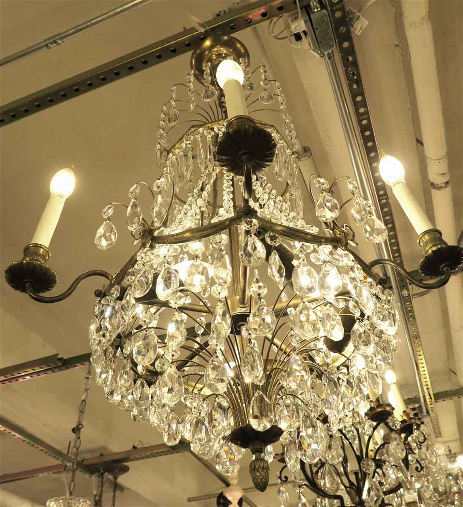 Early 20th Century 1920s Empire Style 10-Light Crystal and Brass Basket Chandelier