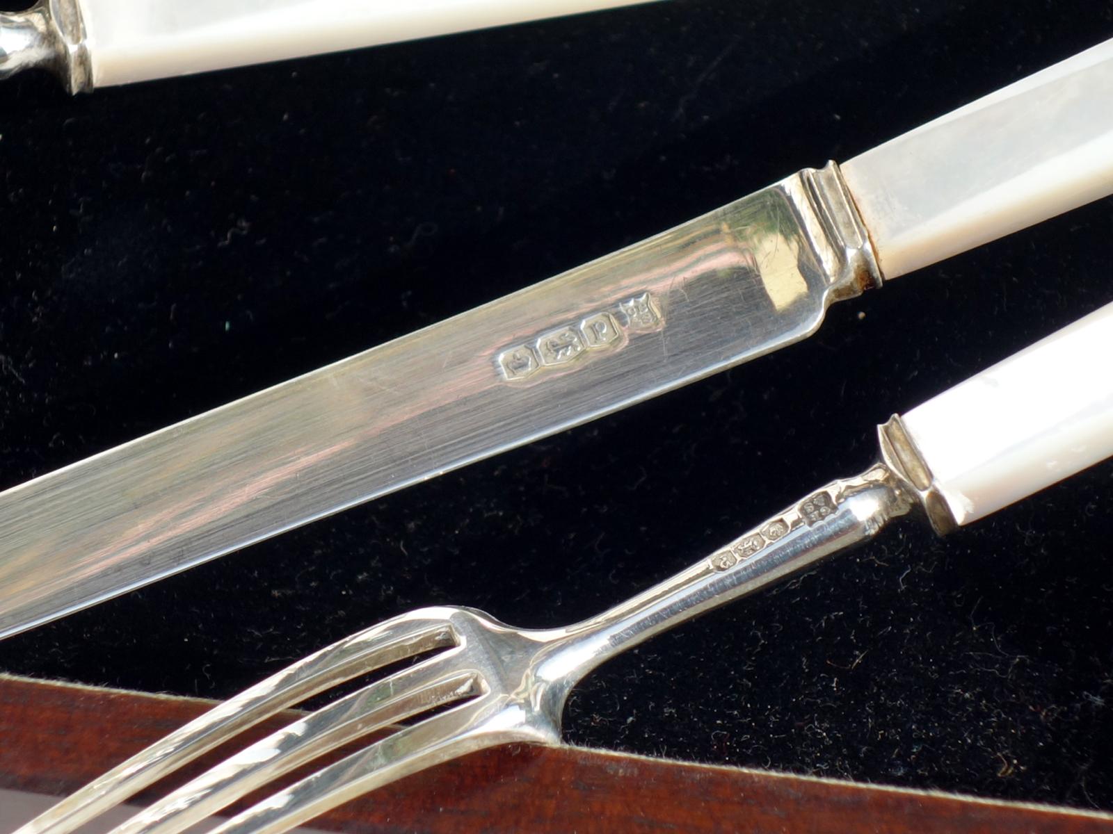 Art Deco 1920s England by Reid & Son Antique Silver and Mother of Pearl Cutlery Flatware For Sale