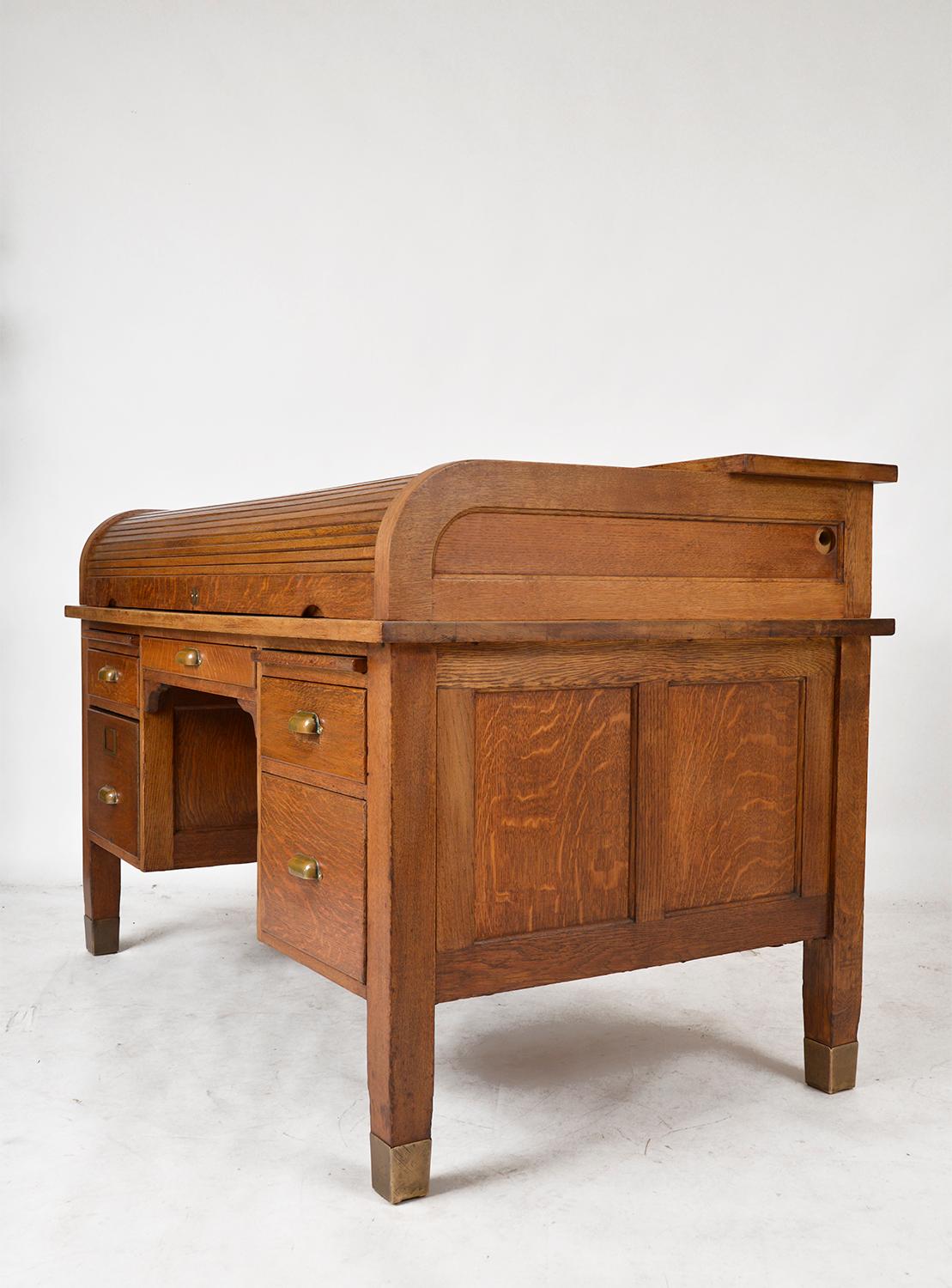 1920s English Antique Oak Desk D Shaped Tambour Roll Top Library Home Office 2