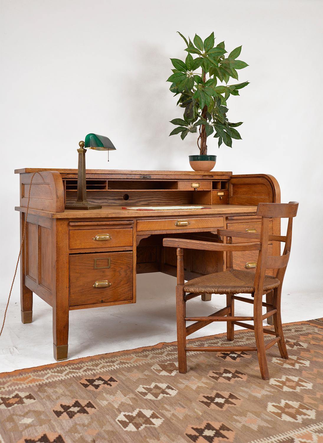 British 1920s English Antique Oak Desk D Shaped Tambour Roll Top Library Home Office