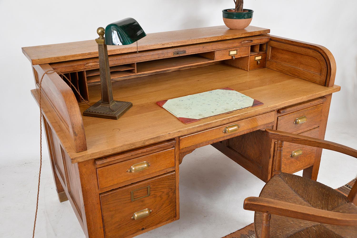 1920s English Antique Oak Desk D Shaped Tambour Roll Top Library Home Office In Good Condition In Sherborne, Dorset