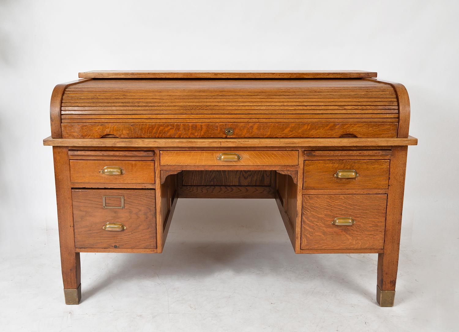 Early 20th Century 1920s English Antique Oak Desk D Shaped Tambour Roll Top Library Home Office