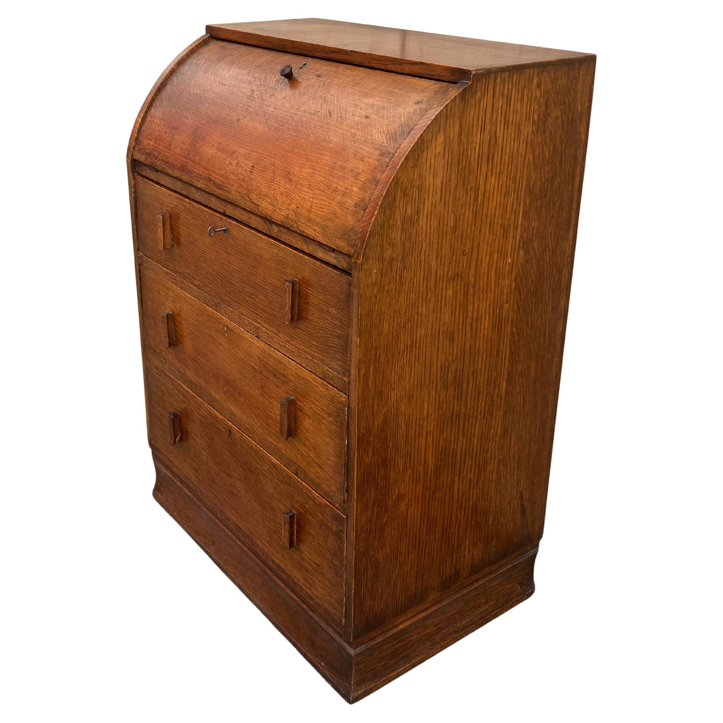Rare 1920's English Art Deco Curved Secretaire Desk Bureau in Oak