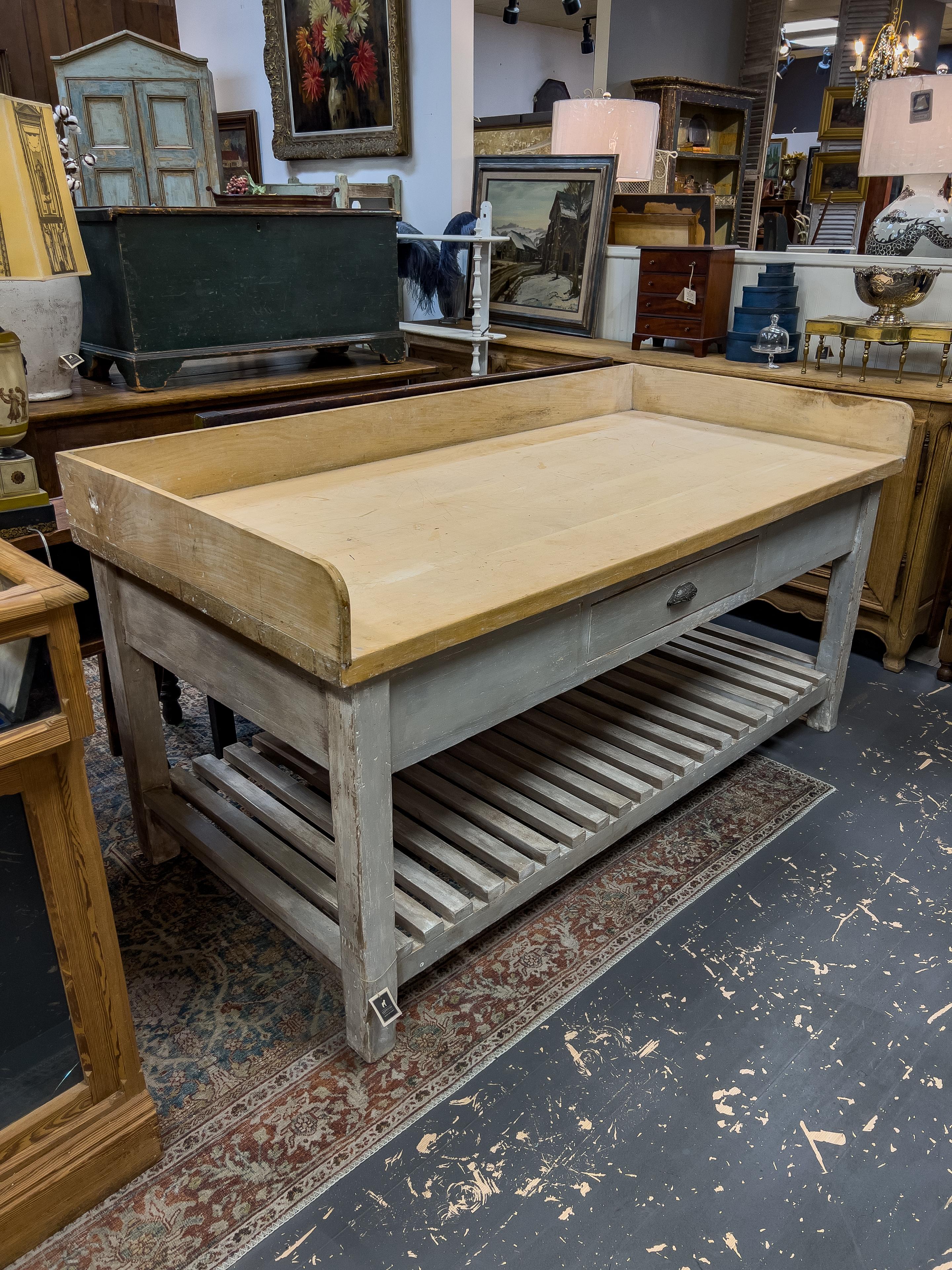 Wood 1920s English Baker’s Table with Sycamore Top