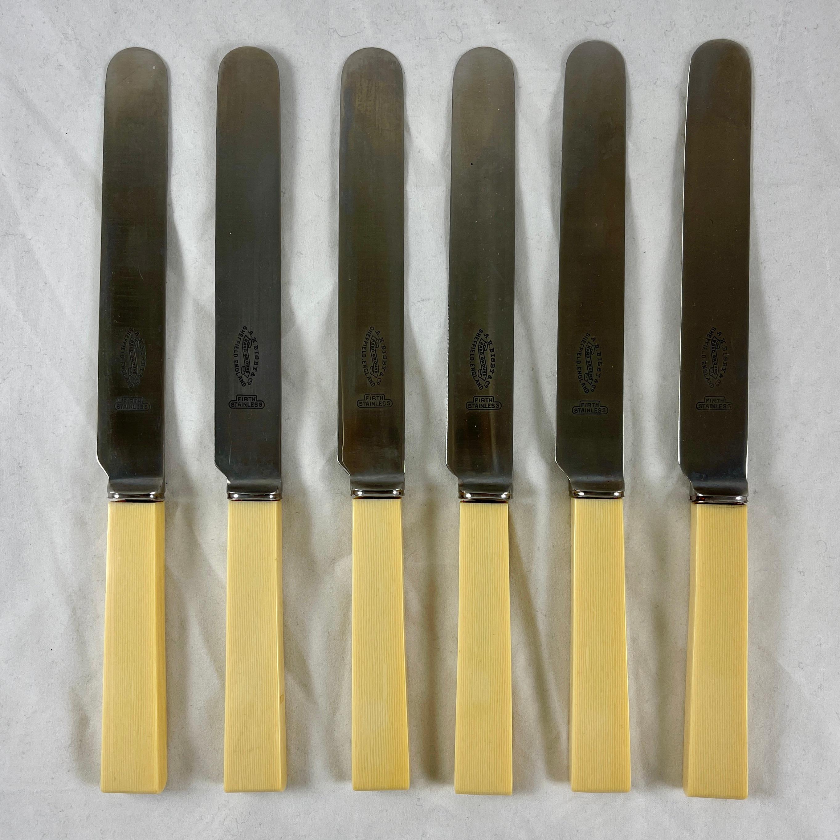 Cast 1920s English Bisby Art Deco Celluloid Ivory Handled Table Knives, Cased S/6