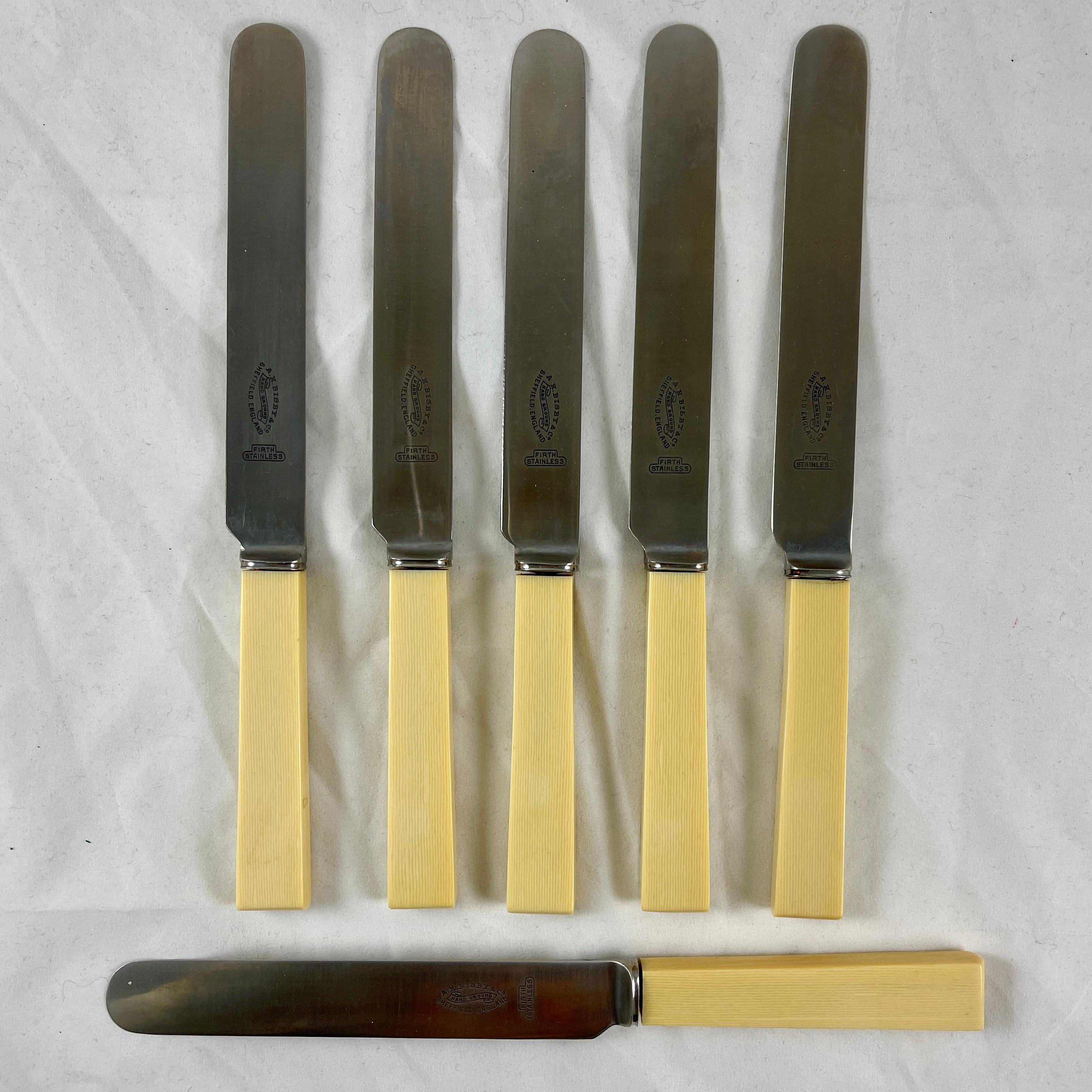 1920s English Bisby Art Deco Celluloid Ivory Handled Table Knives, Cased S/6 In Good Condition In Philadelphia, PA