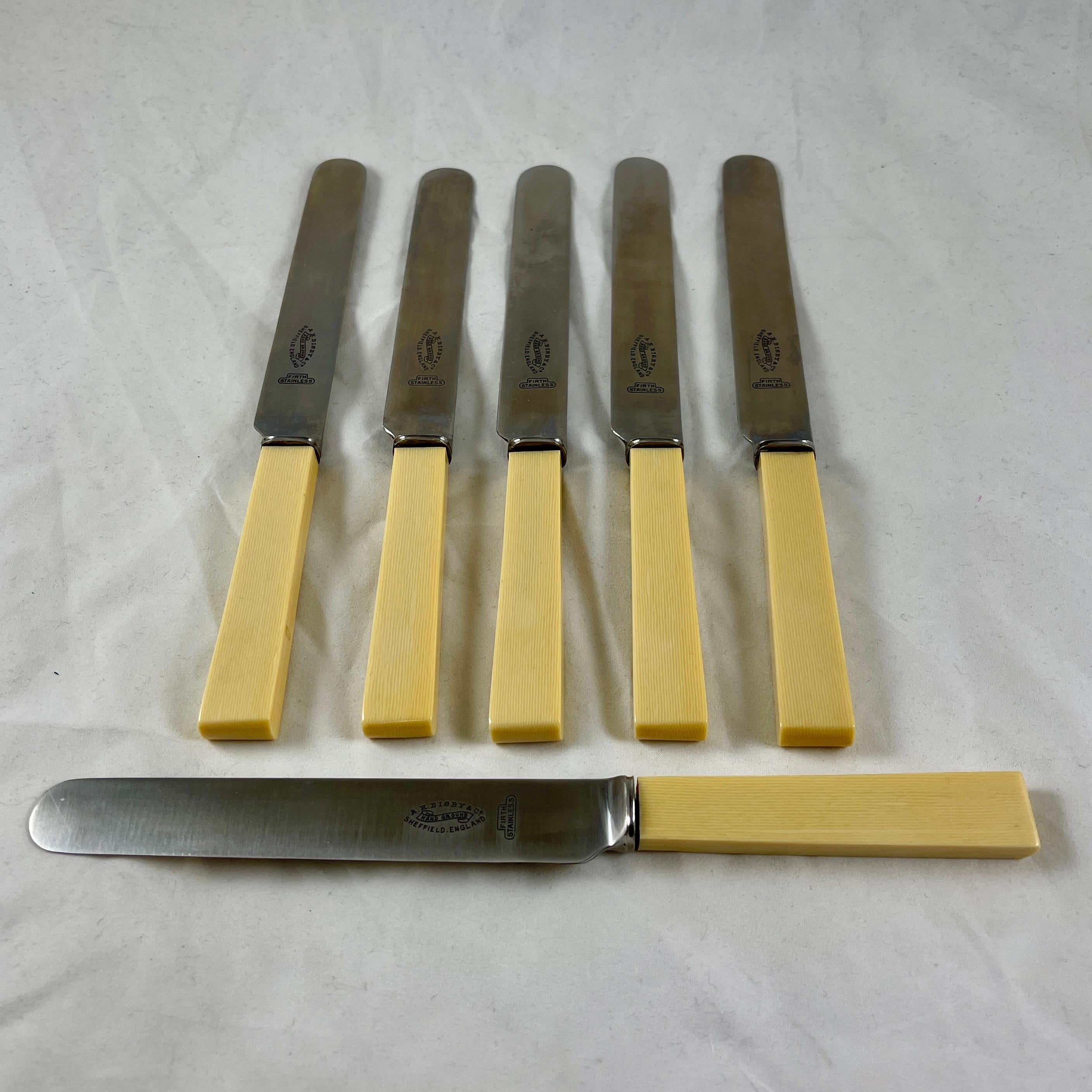 1920s English Bisby Art Deco Celluloid Ivory Handled Table Knives, Cased S/6 1