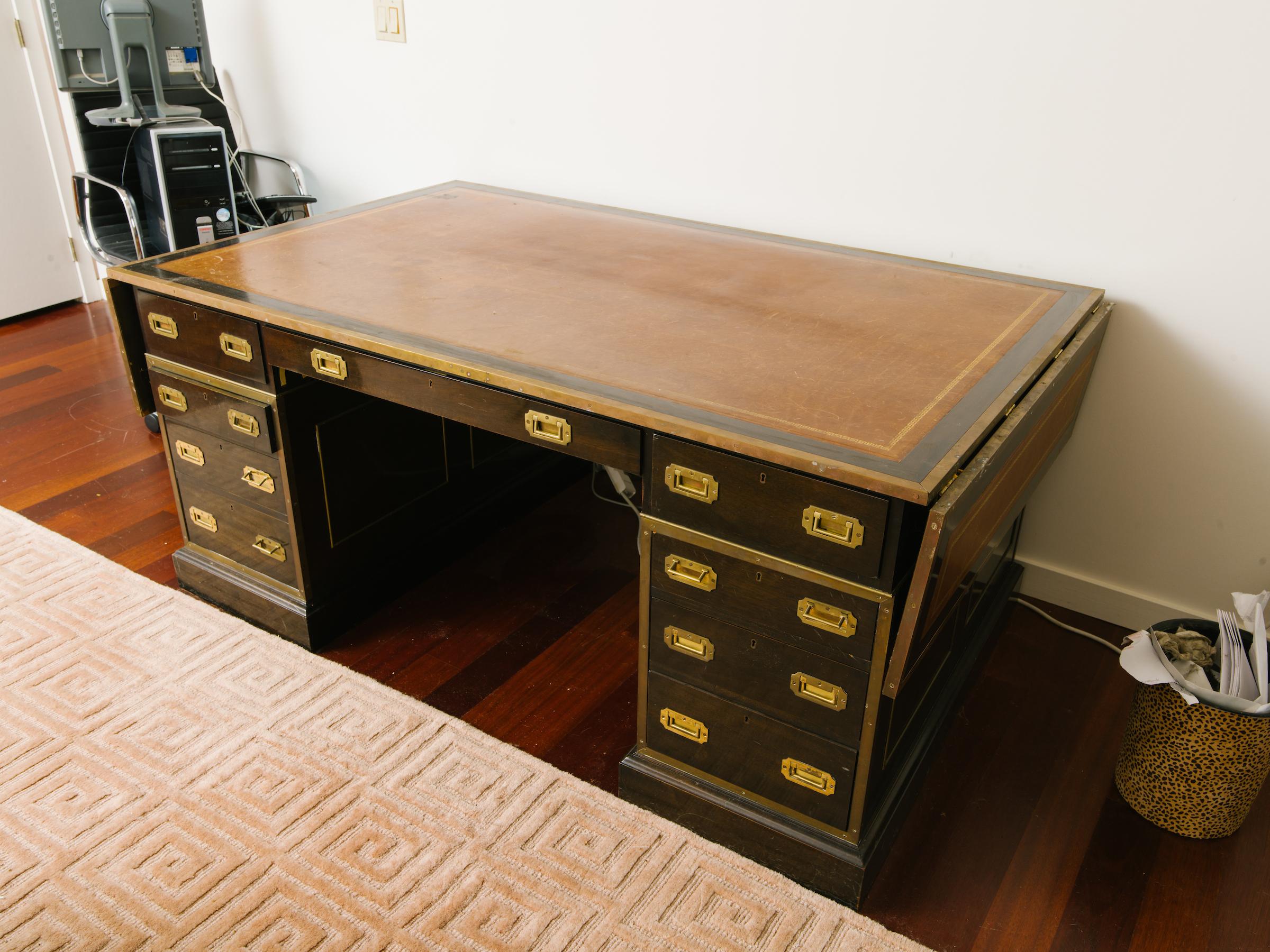 1920s English Leather Top Partners Desk Once Owned by Mariah Carrey In Good Condition In Tarrytown, NY