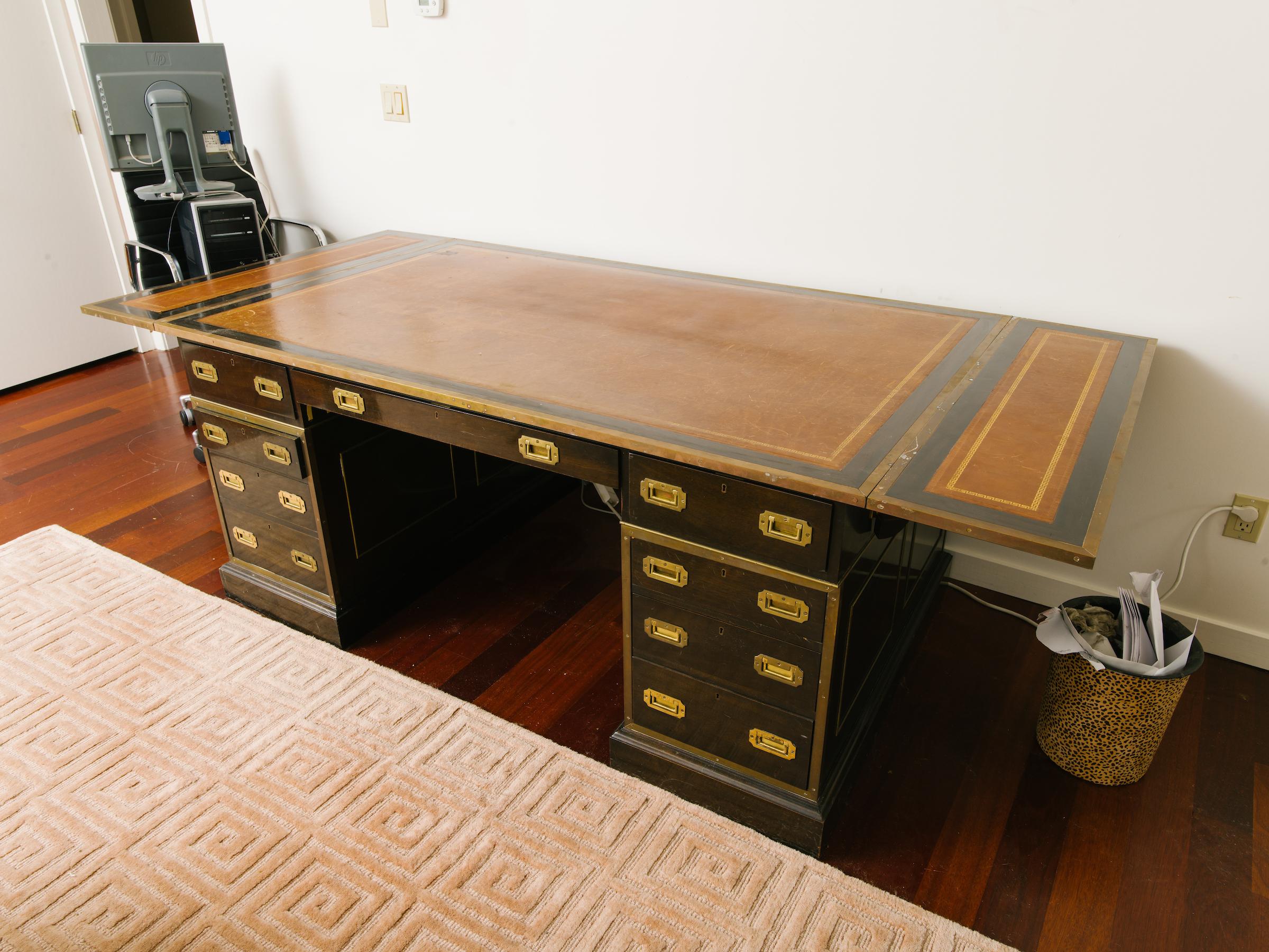 Early 20th Century 1920s English Leather Top Partners Desk Once Owned by Mariah Carrey