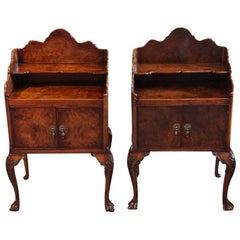 1920s English Matched Pair Burl Walnut Bedside Cabinets