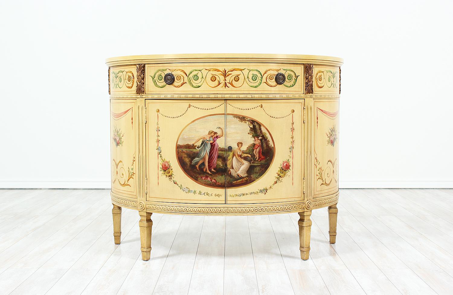  English, 1920s demi-lune commode with beautiful hand-painted and carved decorations in the Neoclassical style.
 

