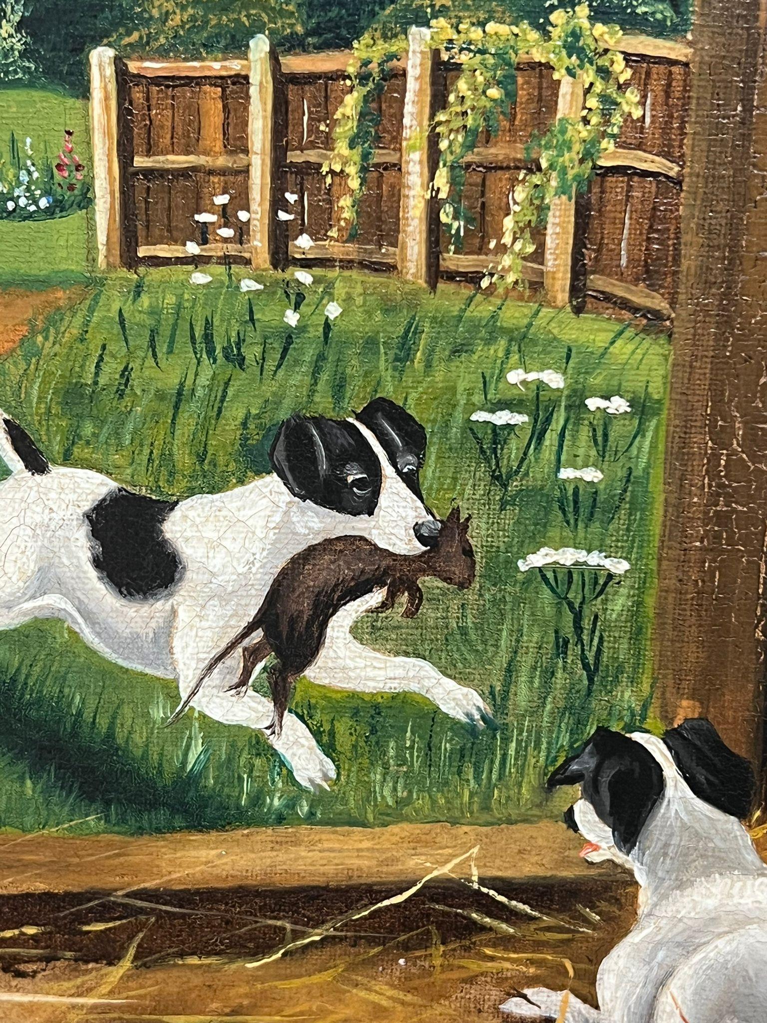 Terrier in stalla all'interno di un fienile per la cattura di ratti, dipinto a olio inglese del 1920, firmato in vendita 5