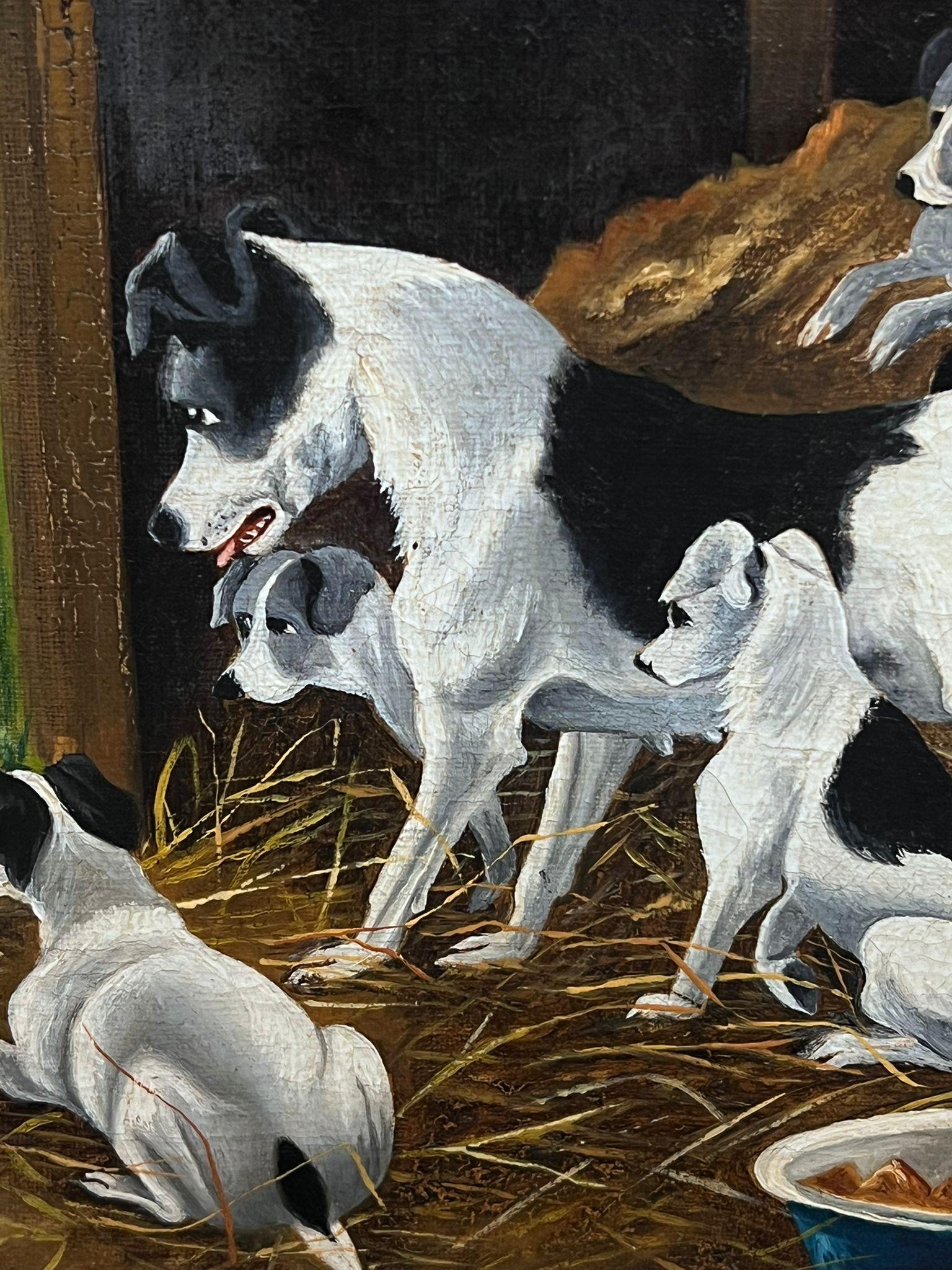 Terrier in stalla all'interno di un fienile per la cattura di ratti, dipinto a olio inglese del 1920, firmato - Painting di 1920's English