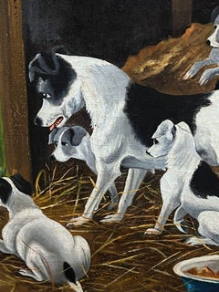 Terriers in Stable Barn Interior Rat Catching Signed 1920's English Oil Painting