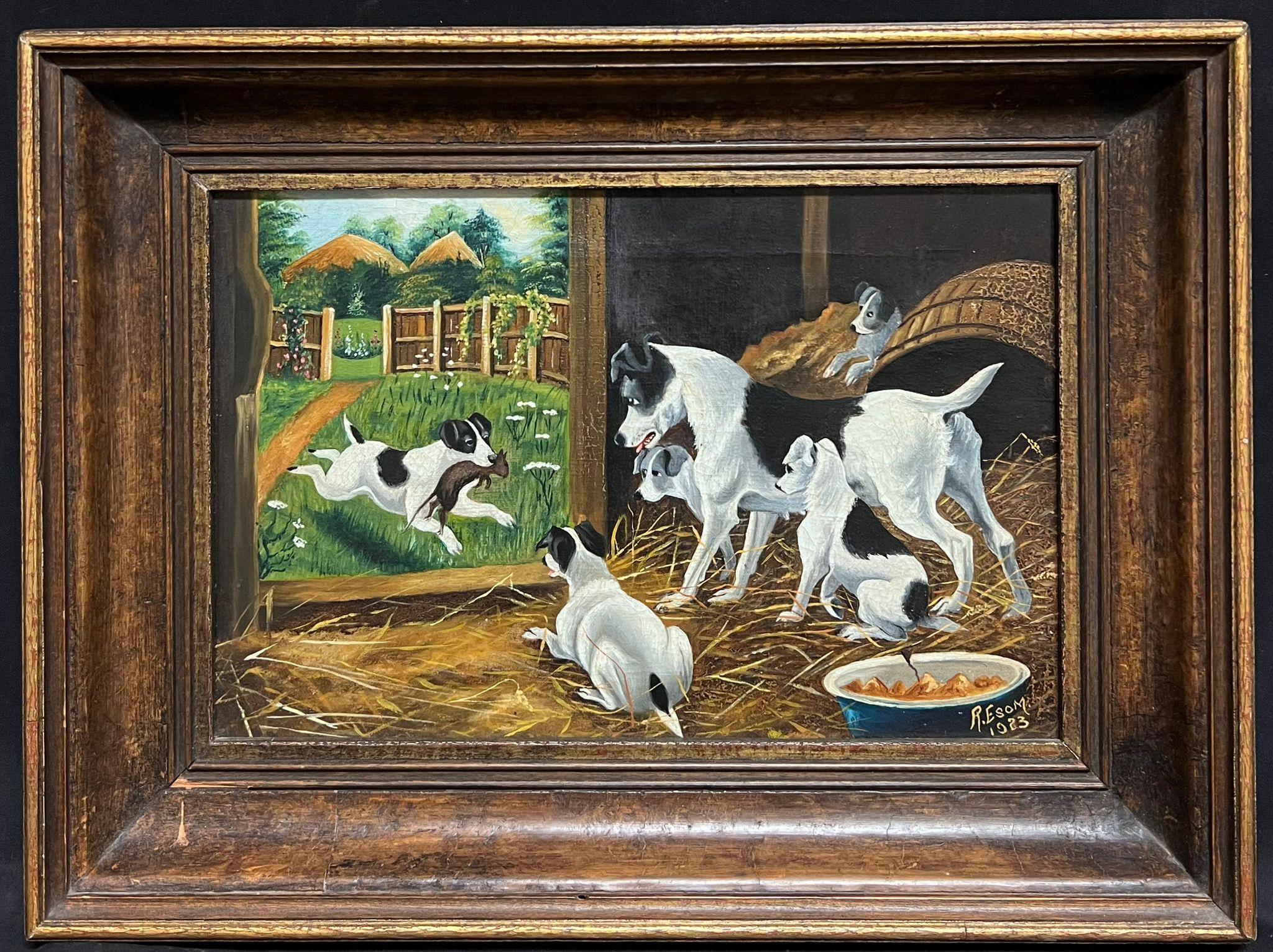 Terrier in stalla all'interno di un fienile per la cattura di ratti, dipinto a olio inglese del 1920, firmato - Painting Scuola inglese di 1920's English