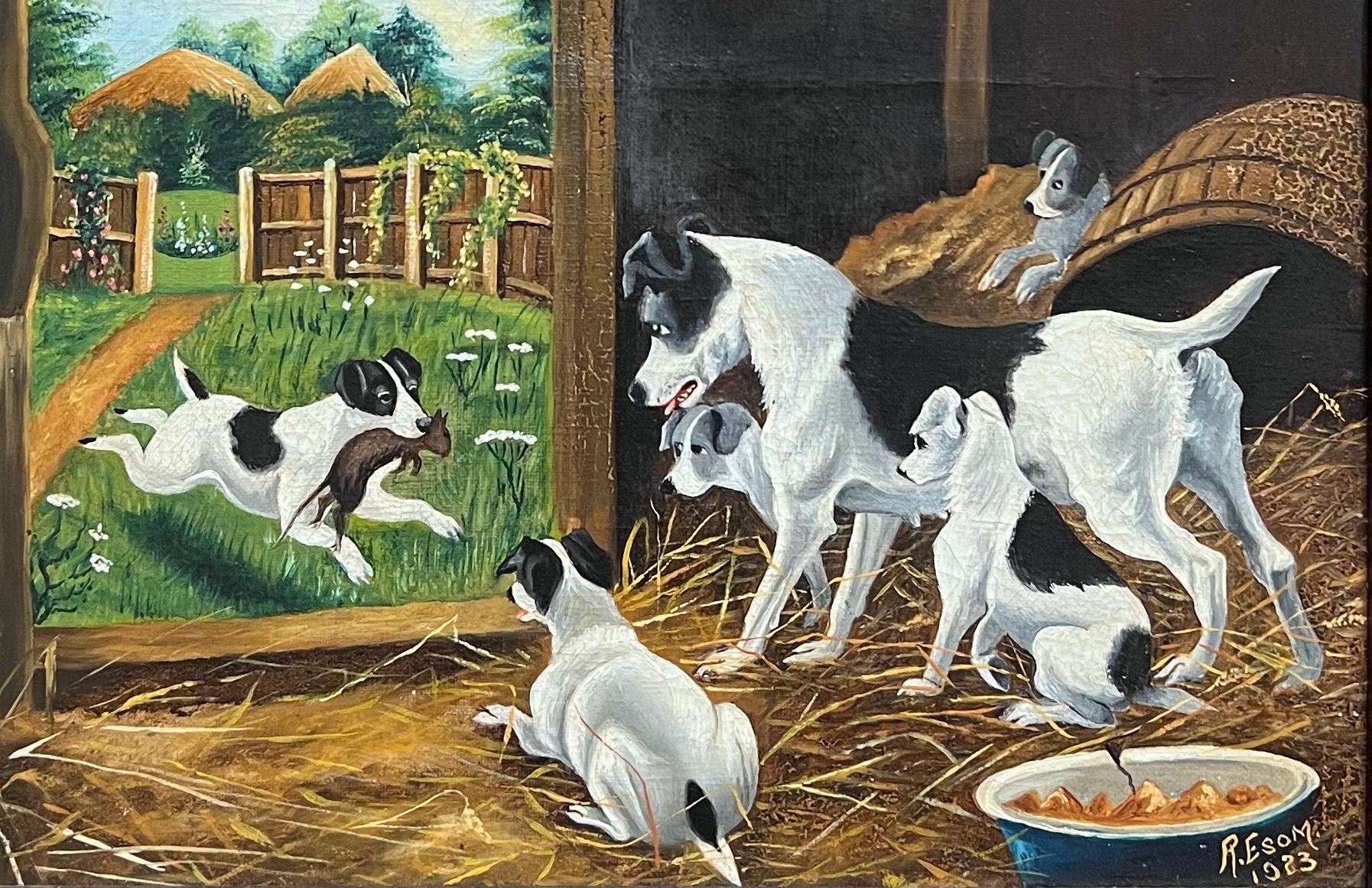 Terrier in stalla all'interno di un fienile per la cattura di ratti, dipinto a olio inglese del 1920, firmato - Landscape Painting Nero di 1920's English