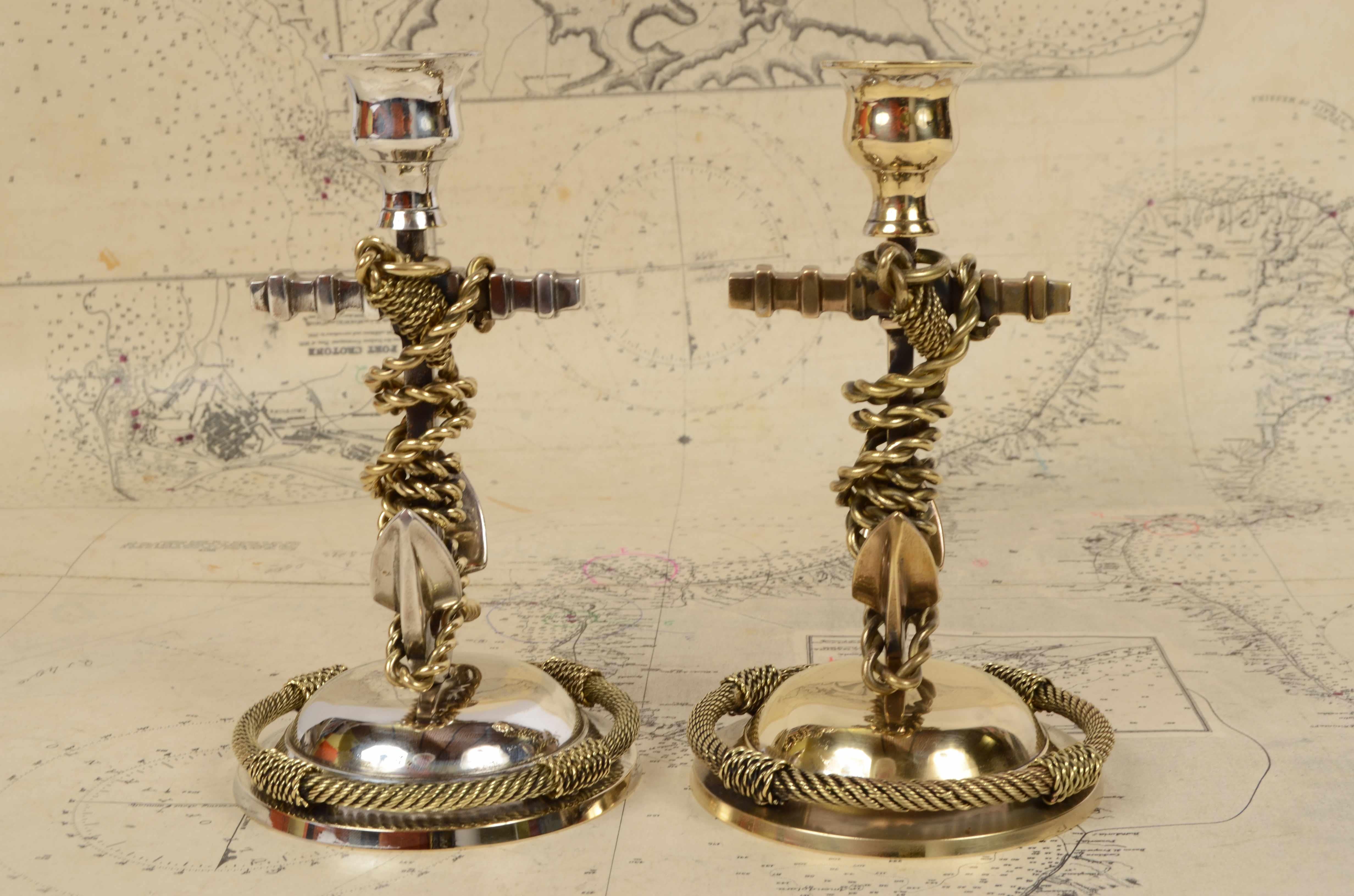 1920s English Pair of Nautical Candelsticks in Silvered Bronze 14
