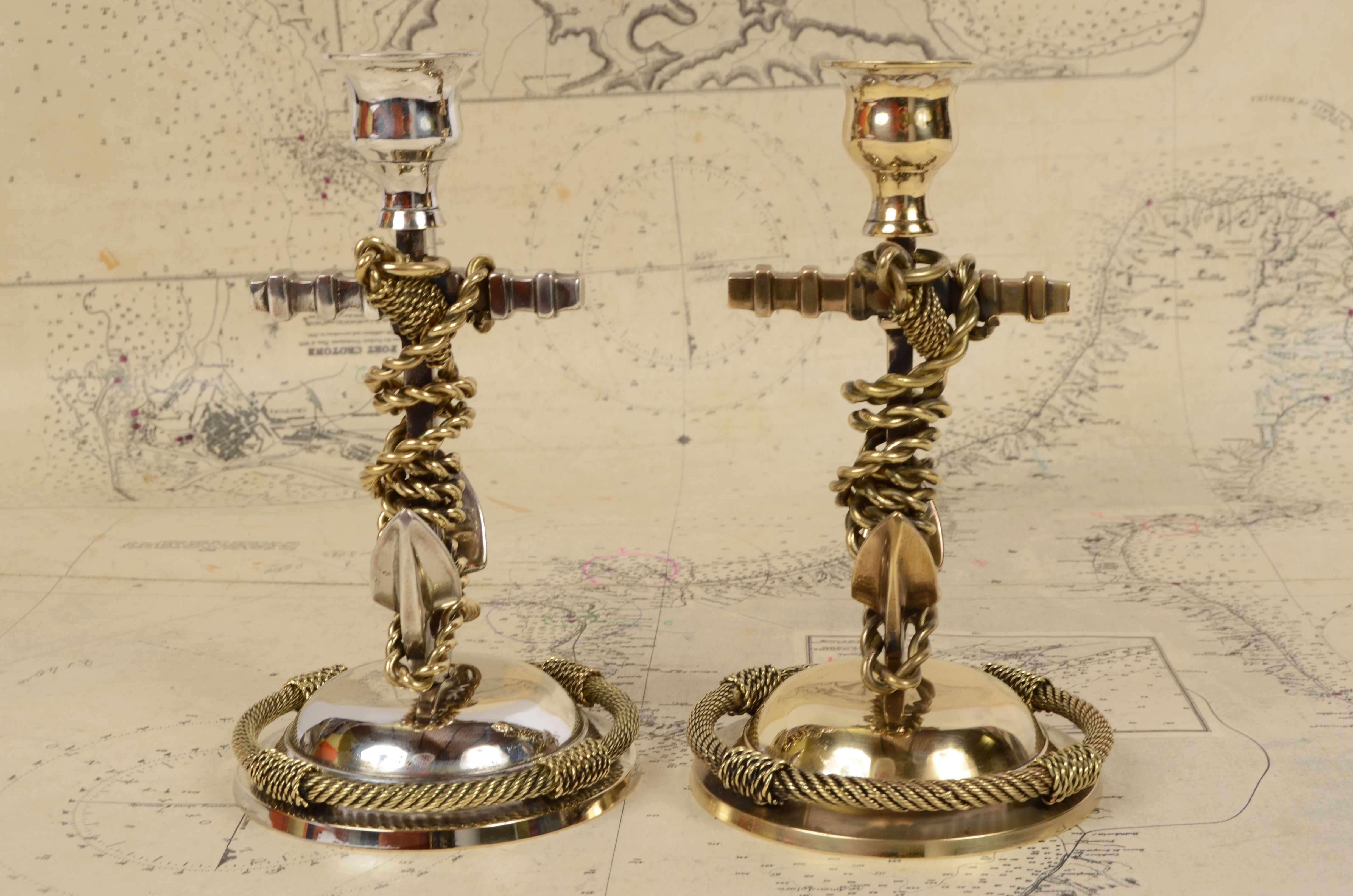 1920s English Pair of Nautical Candelsticks in Silvered Bronze For Sale 14