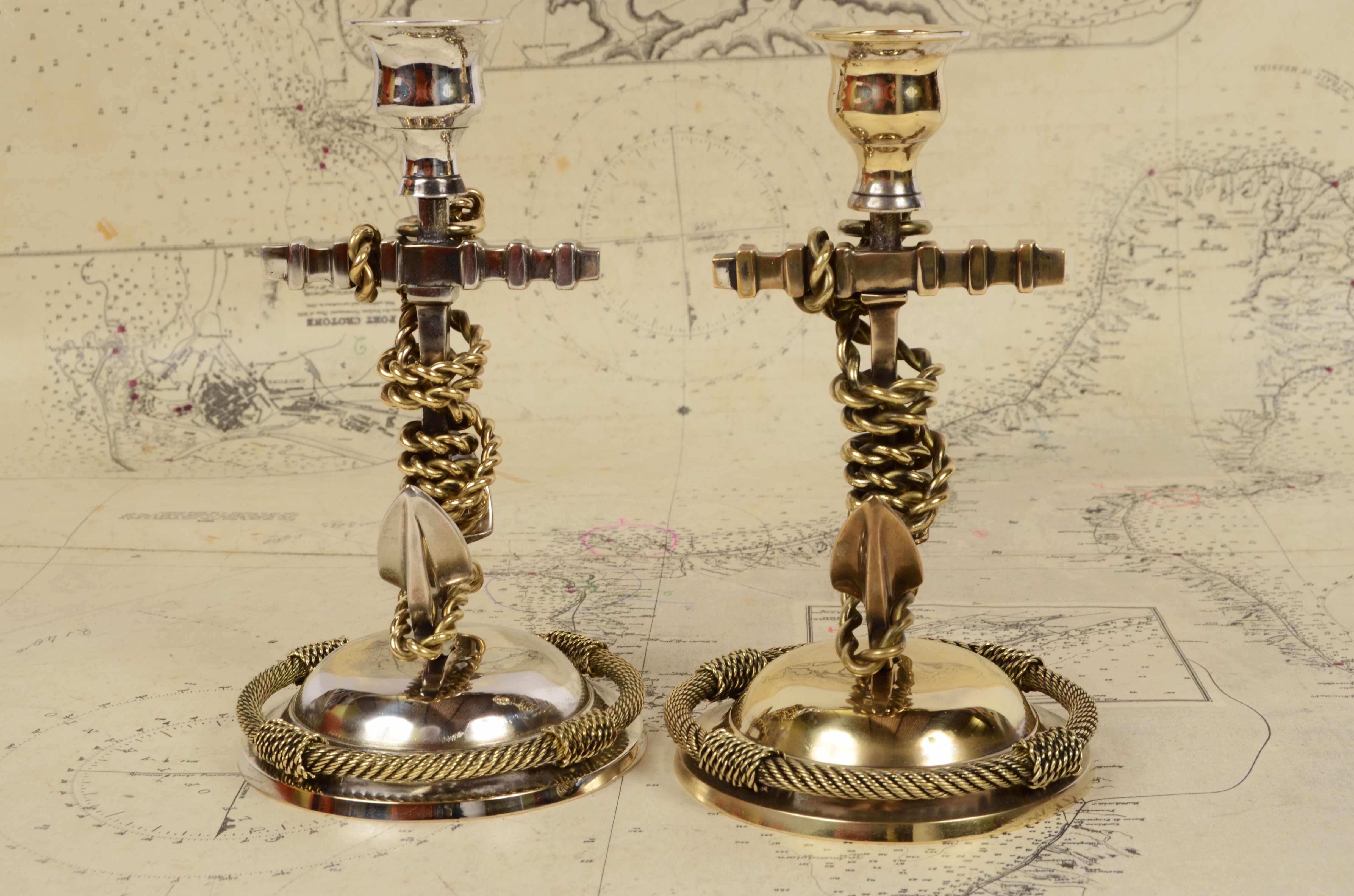 1920s English Pair of Nautical Candelsticks in Silvered Bronze In Good Condition For Sale In Milan, IT