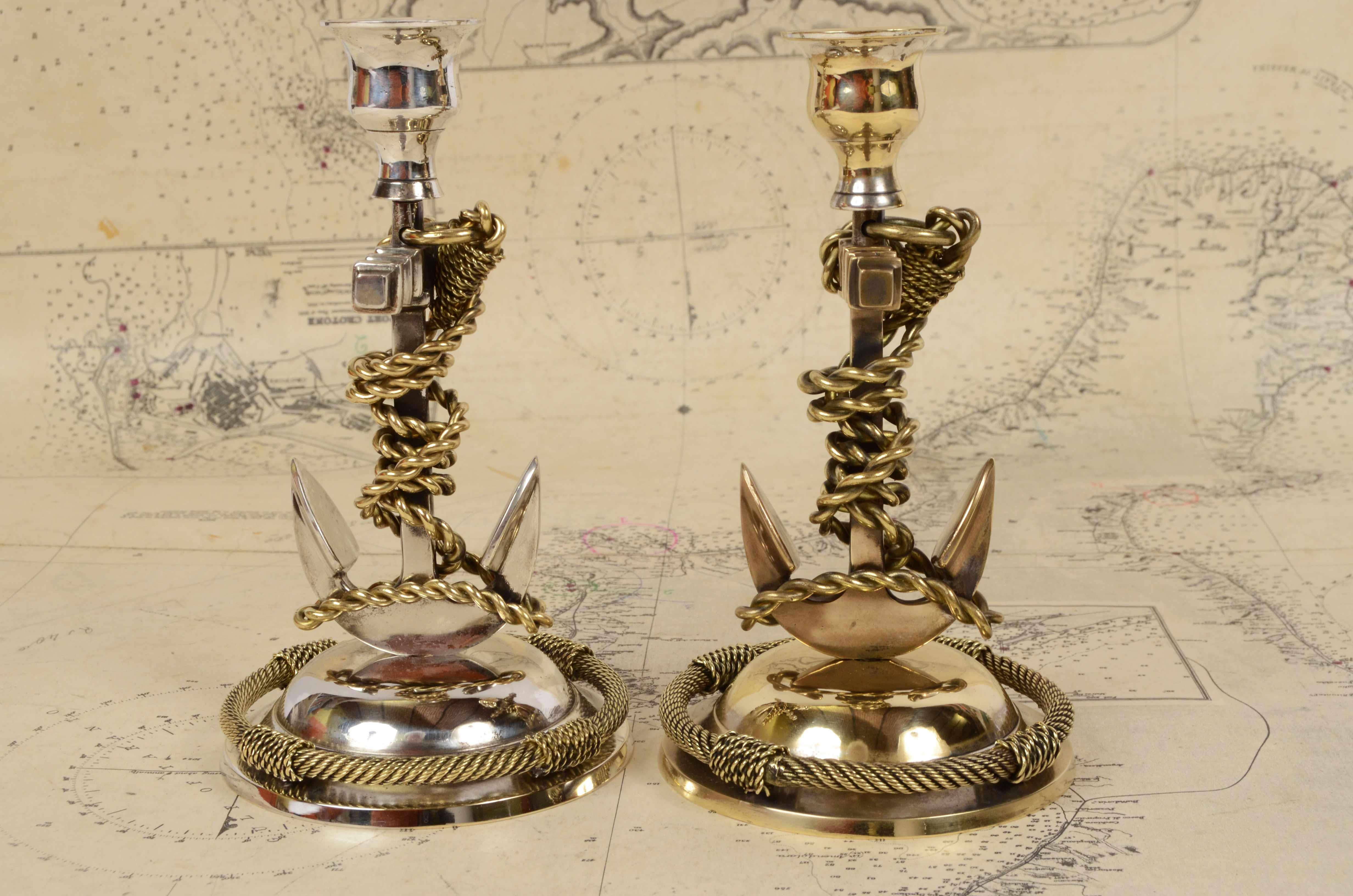 Early 20th Century 1920s English Pair of Nautical Candelsticks in Silvered Bronze For Sale