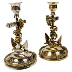 Paire de chandeliers nautiques anglais des années 1920 en bronze argenté