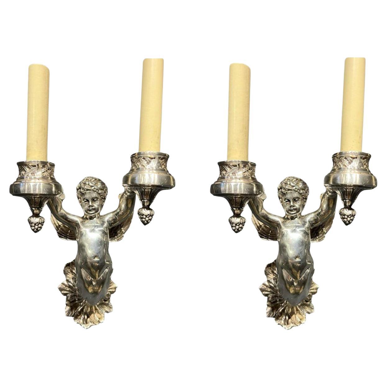 1920's English Silver Plated Cherub Sconces with 2 Lights For Sale