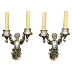 Antique 1920's English Silver Plated Cherub Sconces with 2 Lights