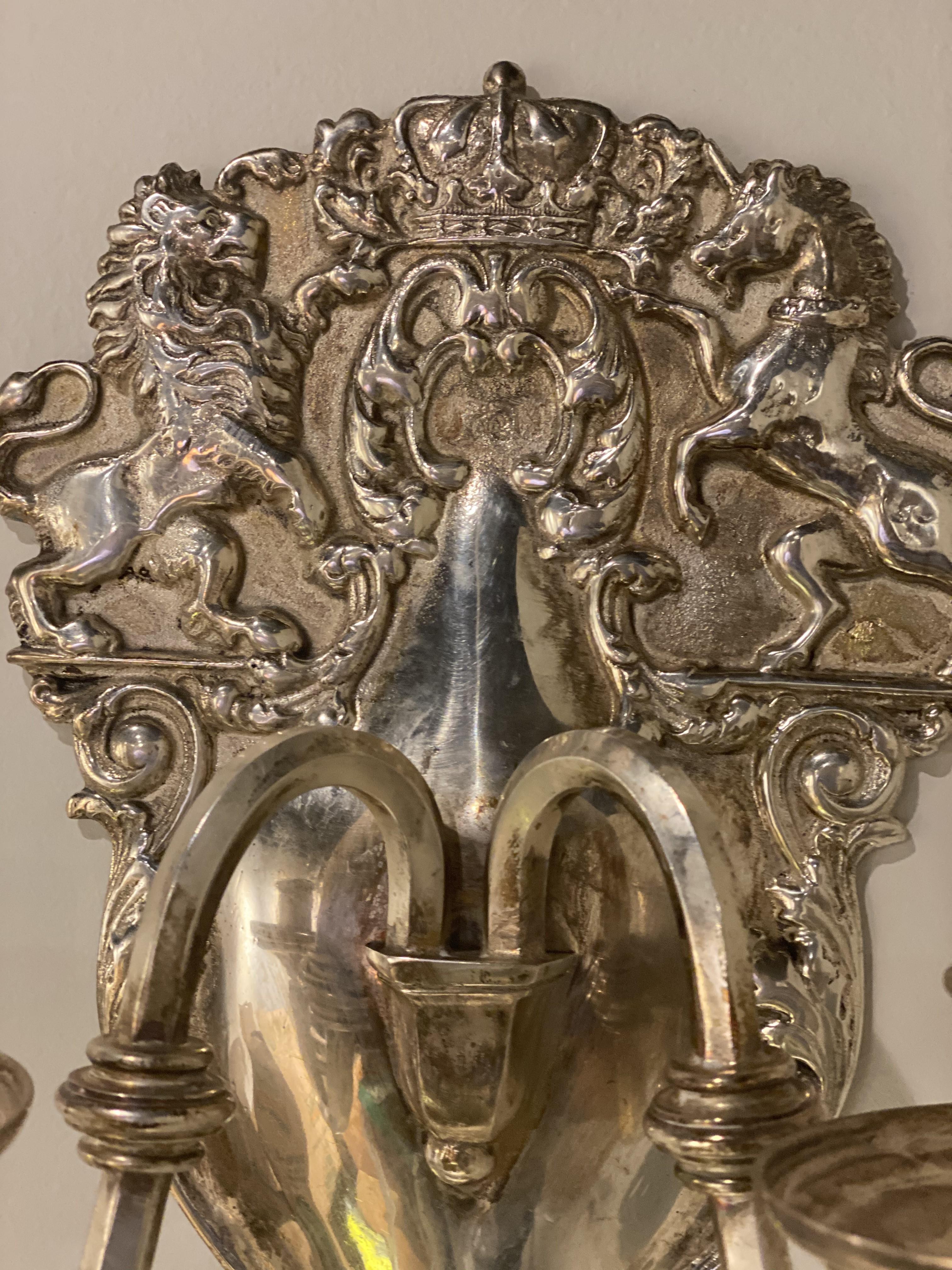 Adam Style 1920's English Silver Plated Sconces with Heraldry Design For Sale