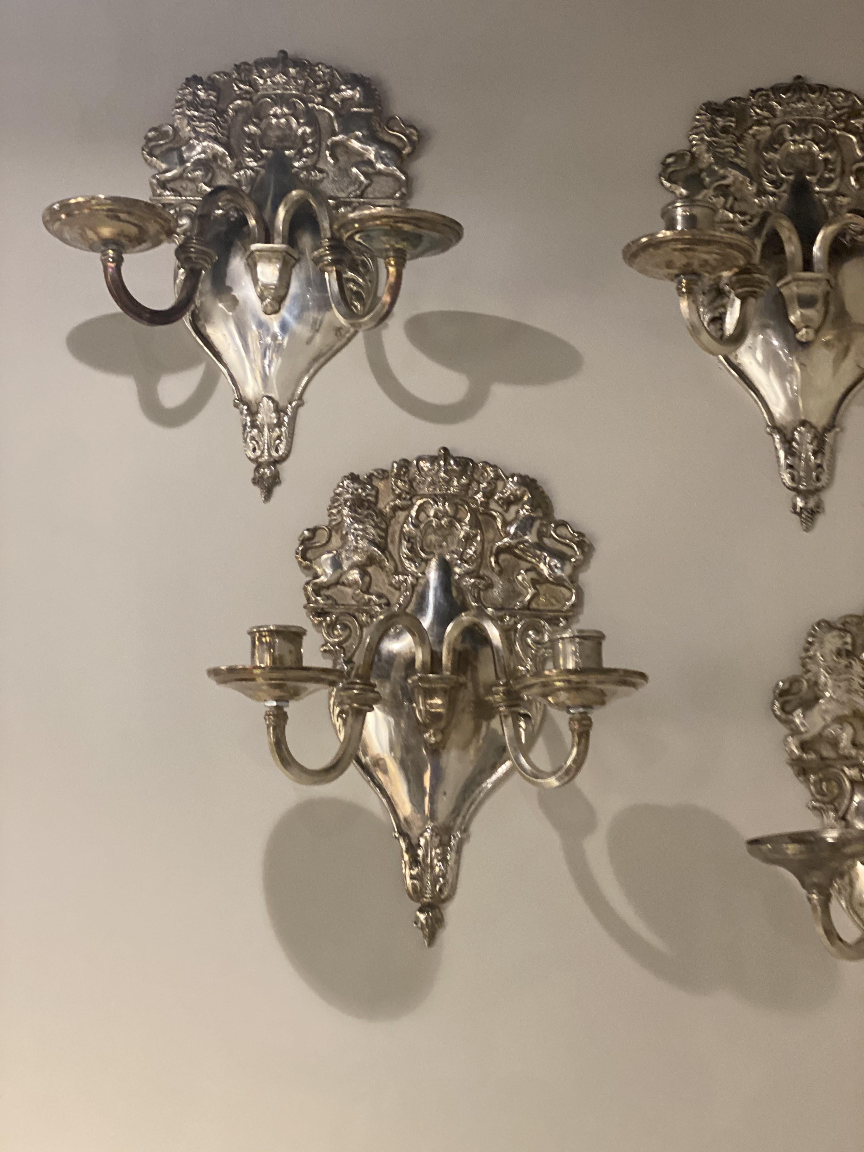 Silvered 1920's English Silver Plated Sconces with Heraldry Design For Sale