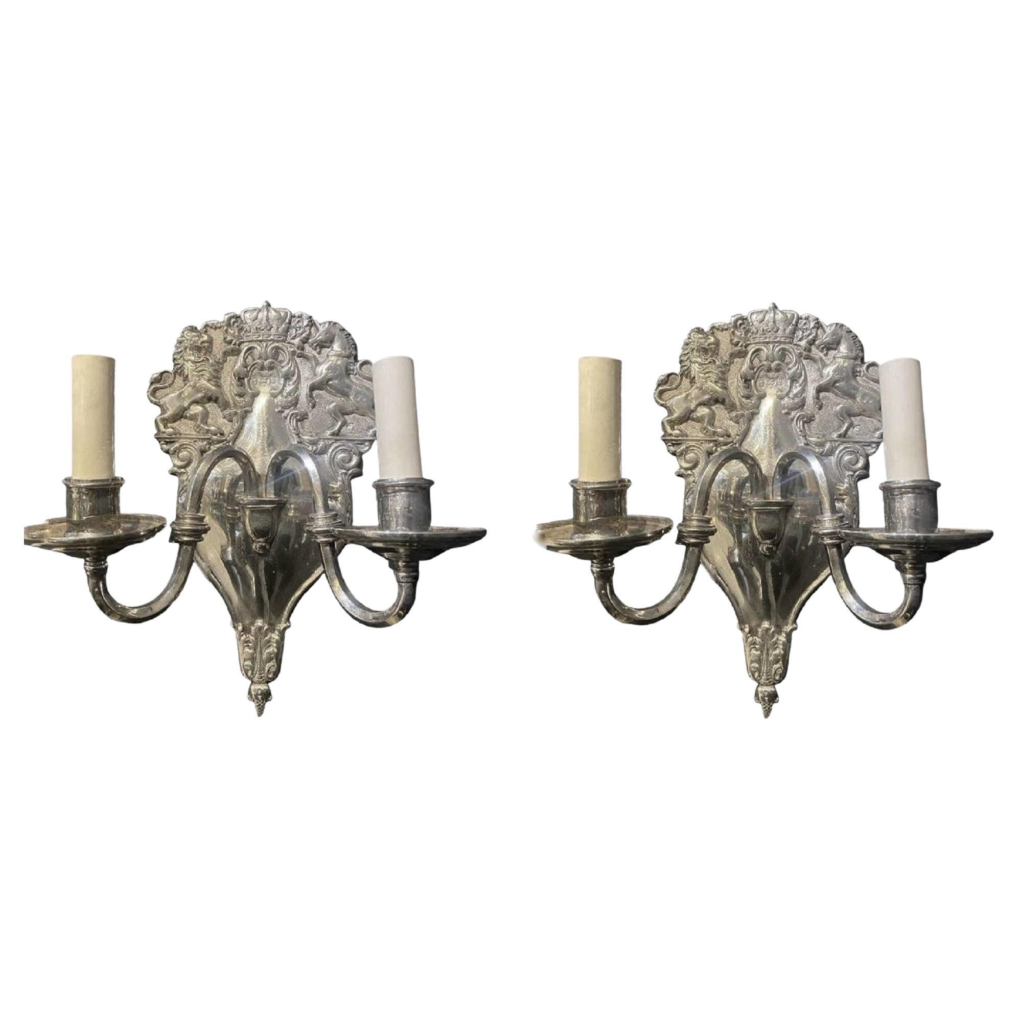 1920's English Silver Plated Sconces with Heraldry Design For Sale