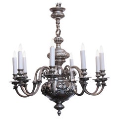 1920s English Silvered Bronze 9 Light Chandelier Laurels and Fruit