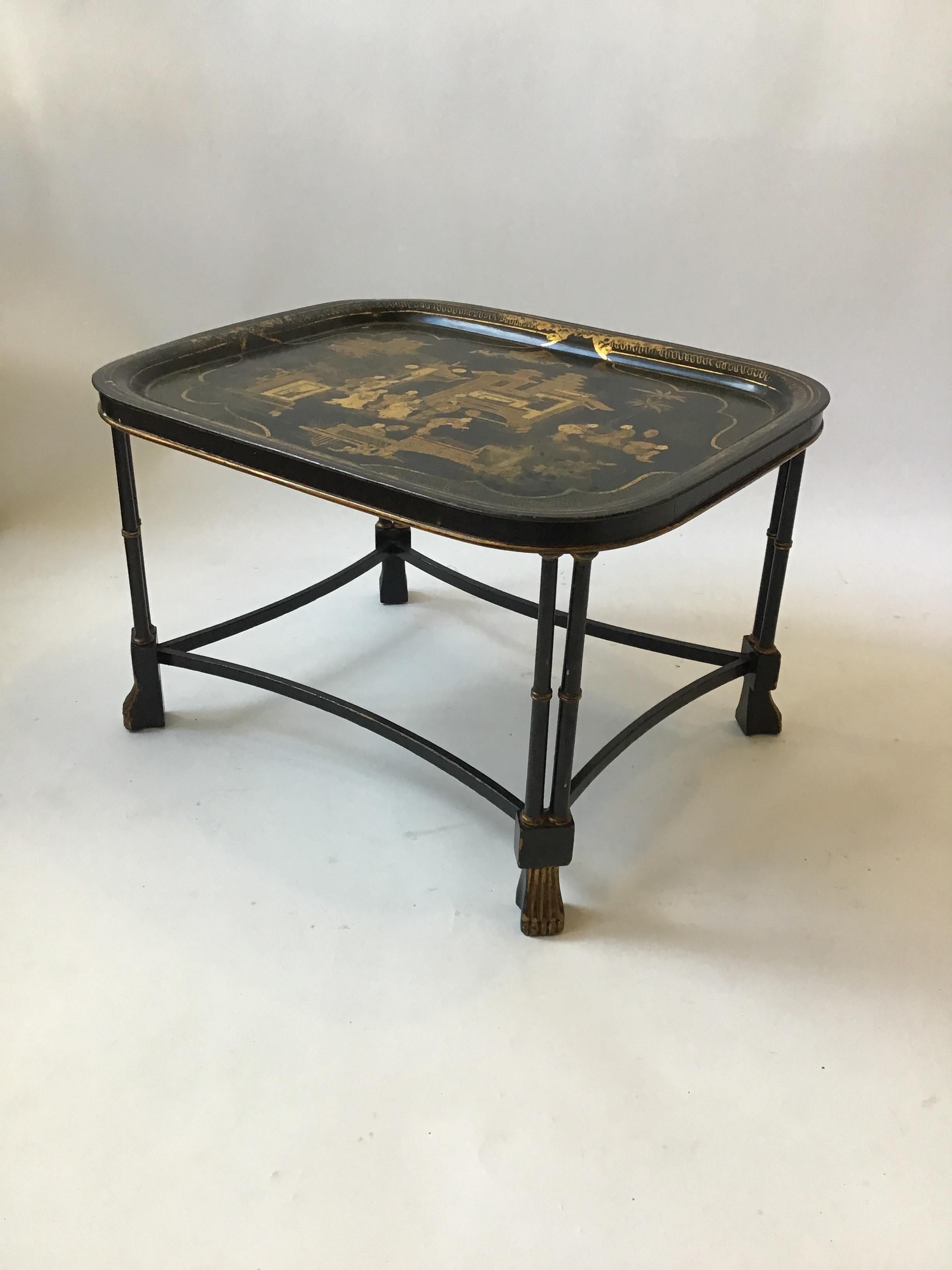 1920s Asian motif tole tray on a wooden stand. Made in England. Tray can be removed.