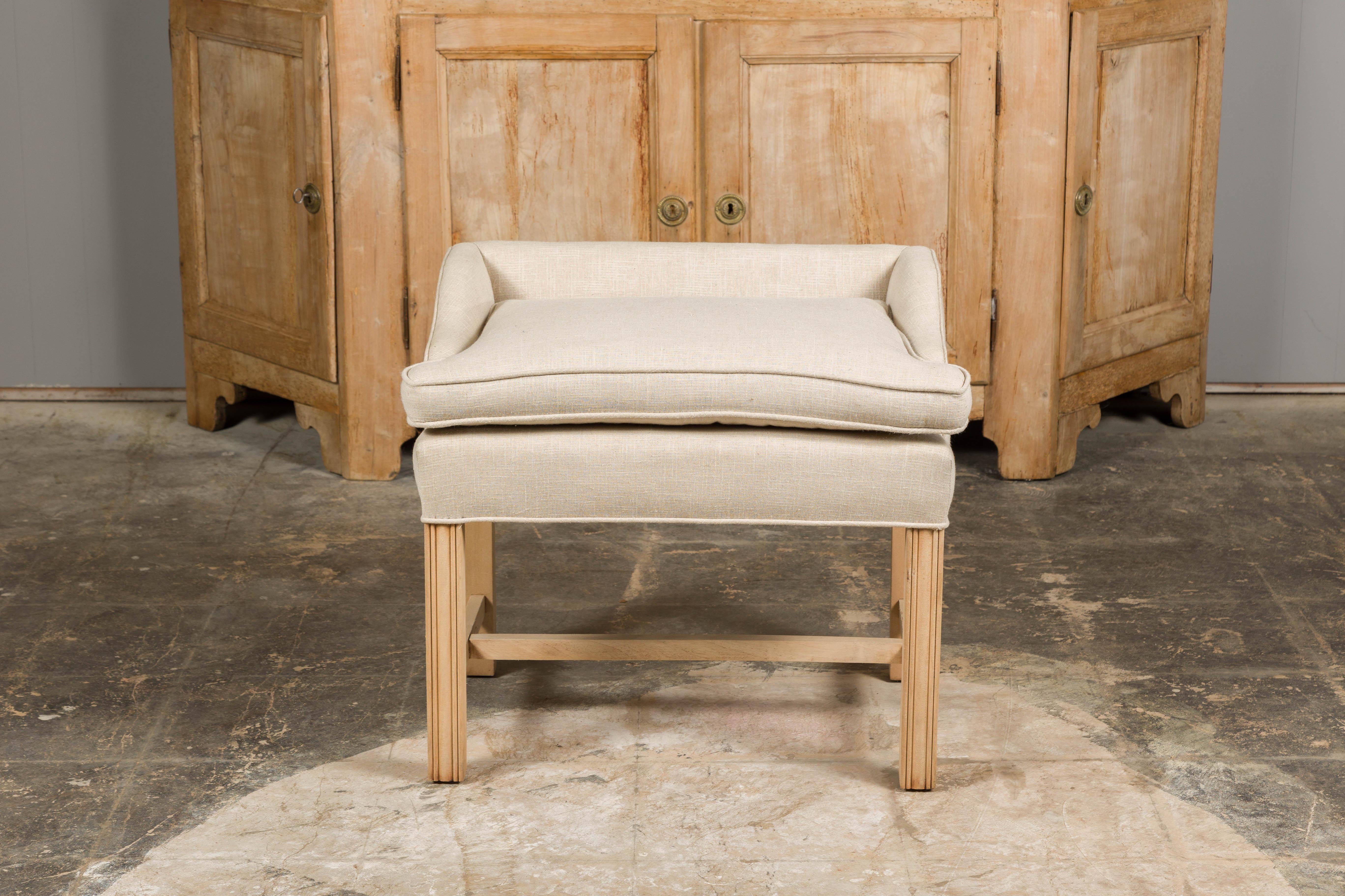 Carved 1920s English Upholstered Stool with Slightly Raised Back For Sale
