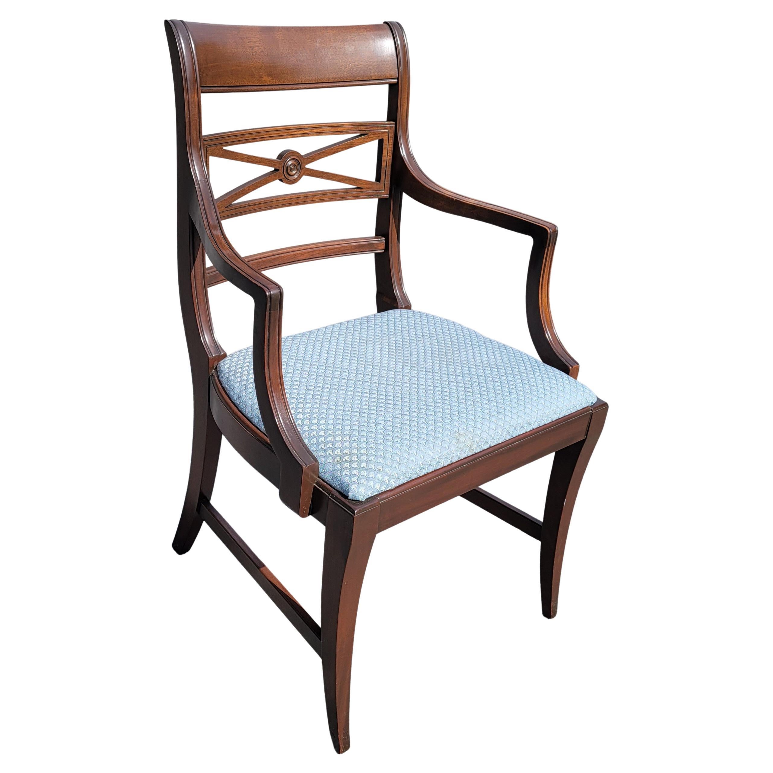 For your consideration is this beautiful, refinished pair of early 20th century regency style solid mahogany armchairs by Estay Manufacturing Co. Estay was founded in 1879 and specialize in Organ, Dining room bedroom fine furniture. The company
