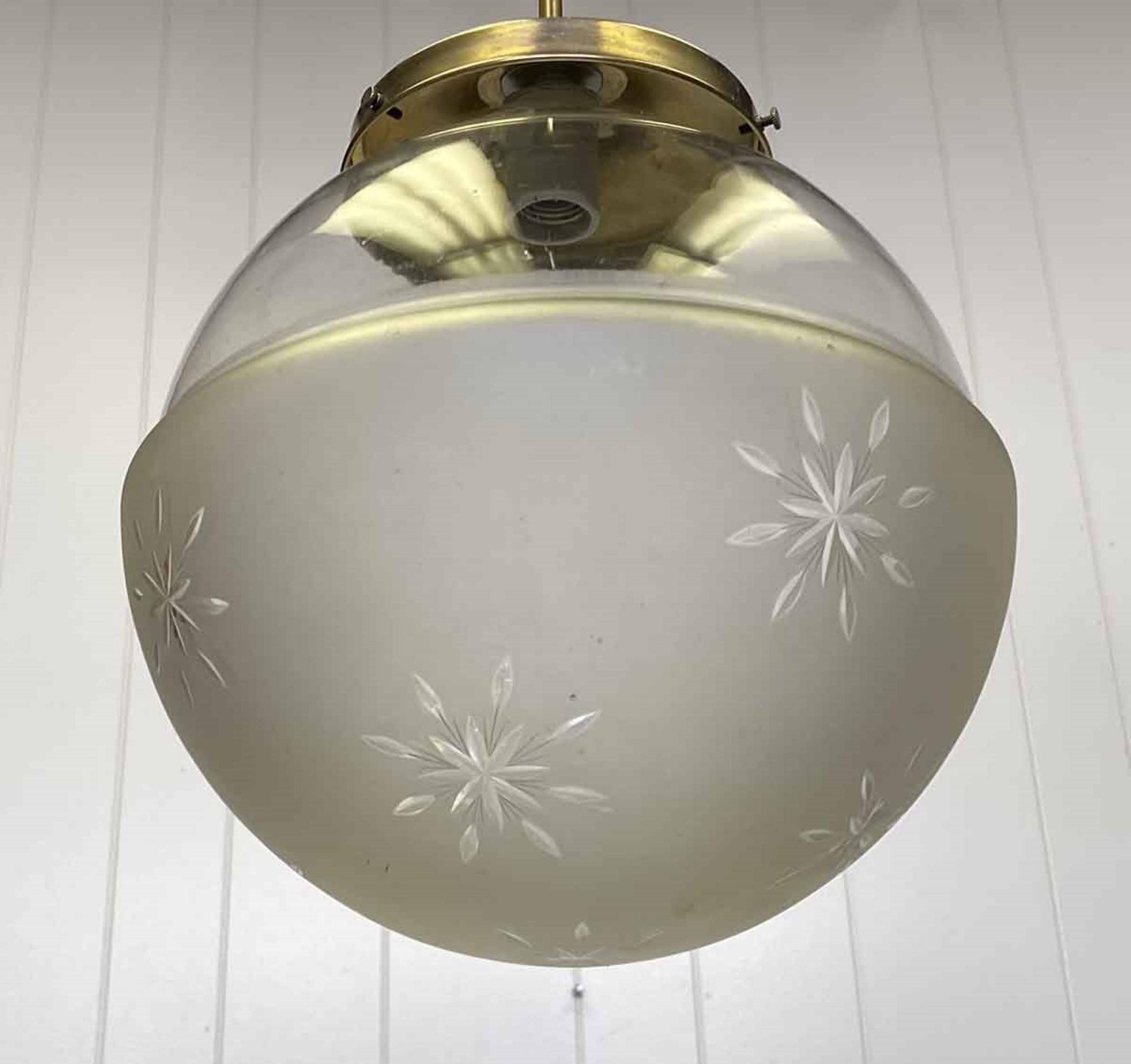 Early 20th Century 1920s Etched Glass Globe Light with Brass Pole Fitter For Sale