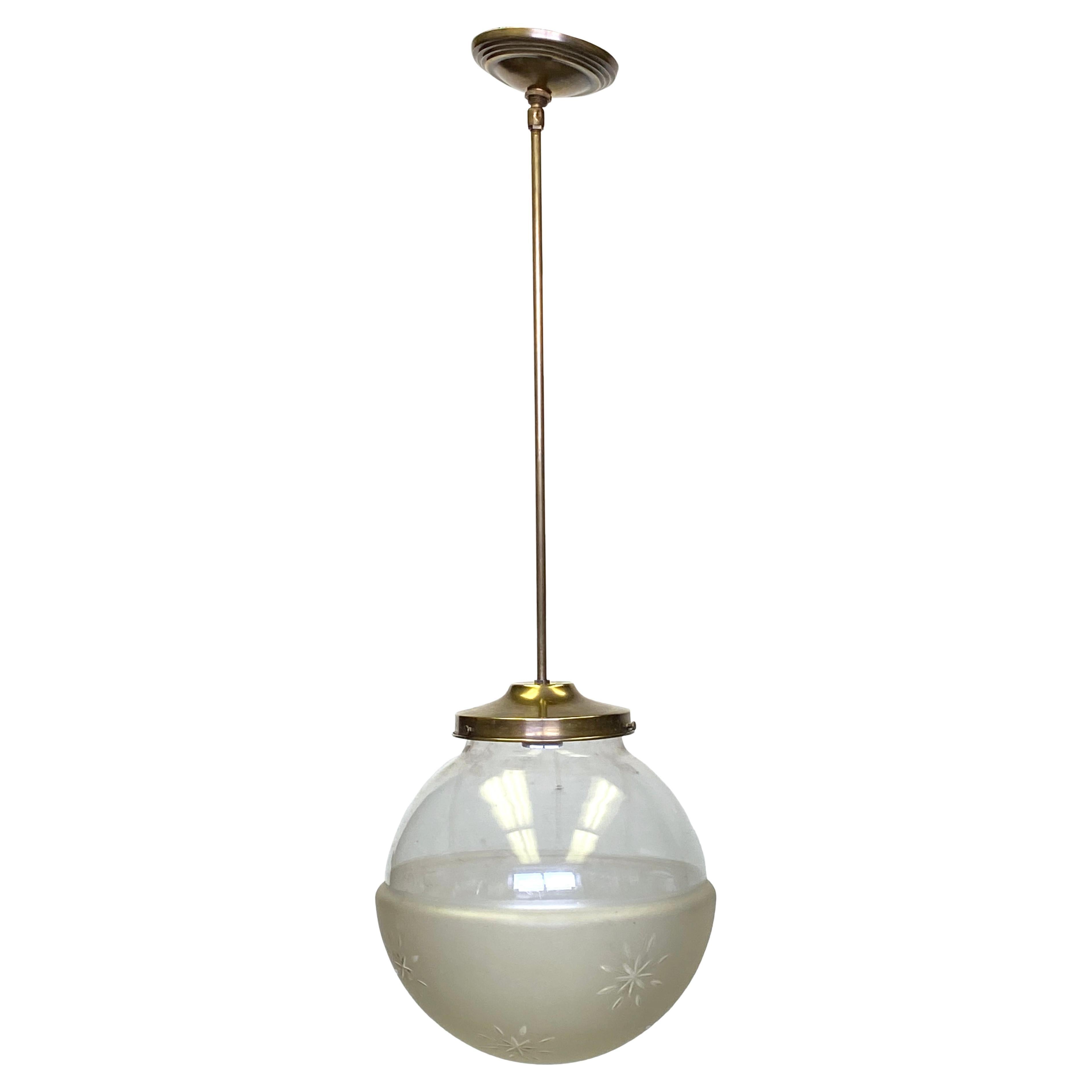1920s Etched Glass Globe Light with Brass Pole Fitter