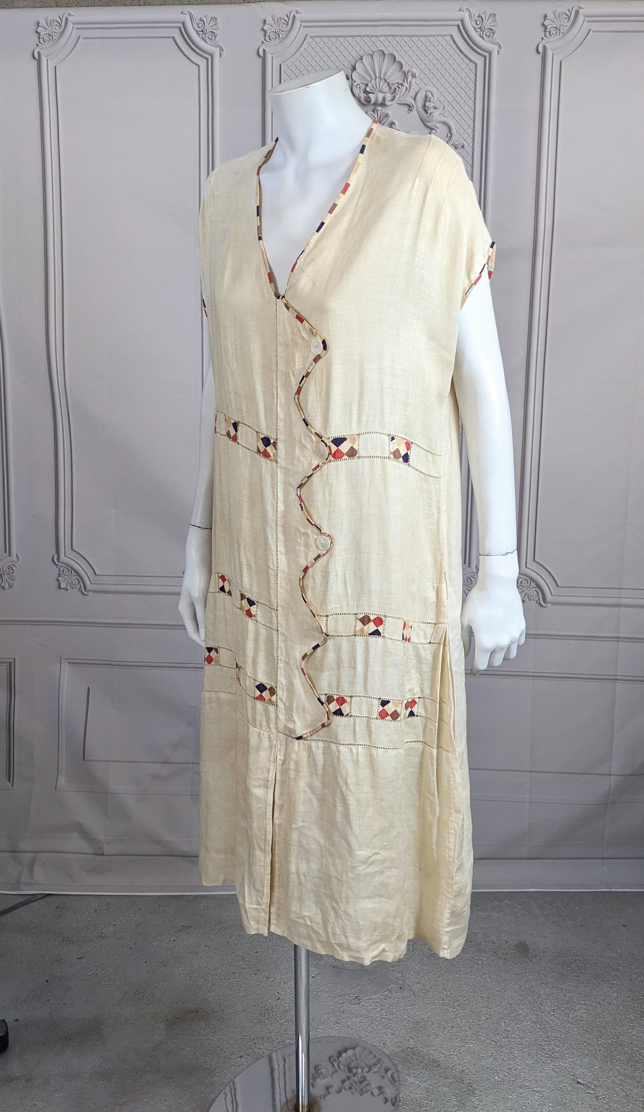 Women's 1920's European Linen Art Deco Day Dress For Sale